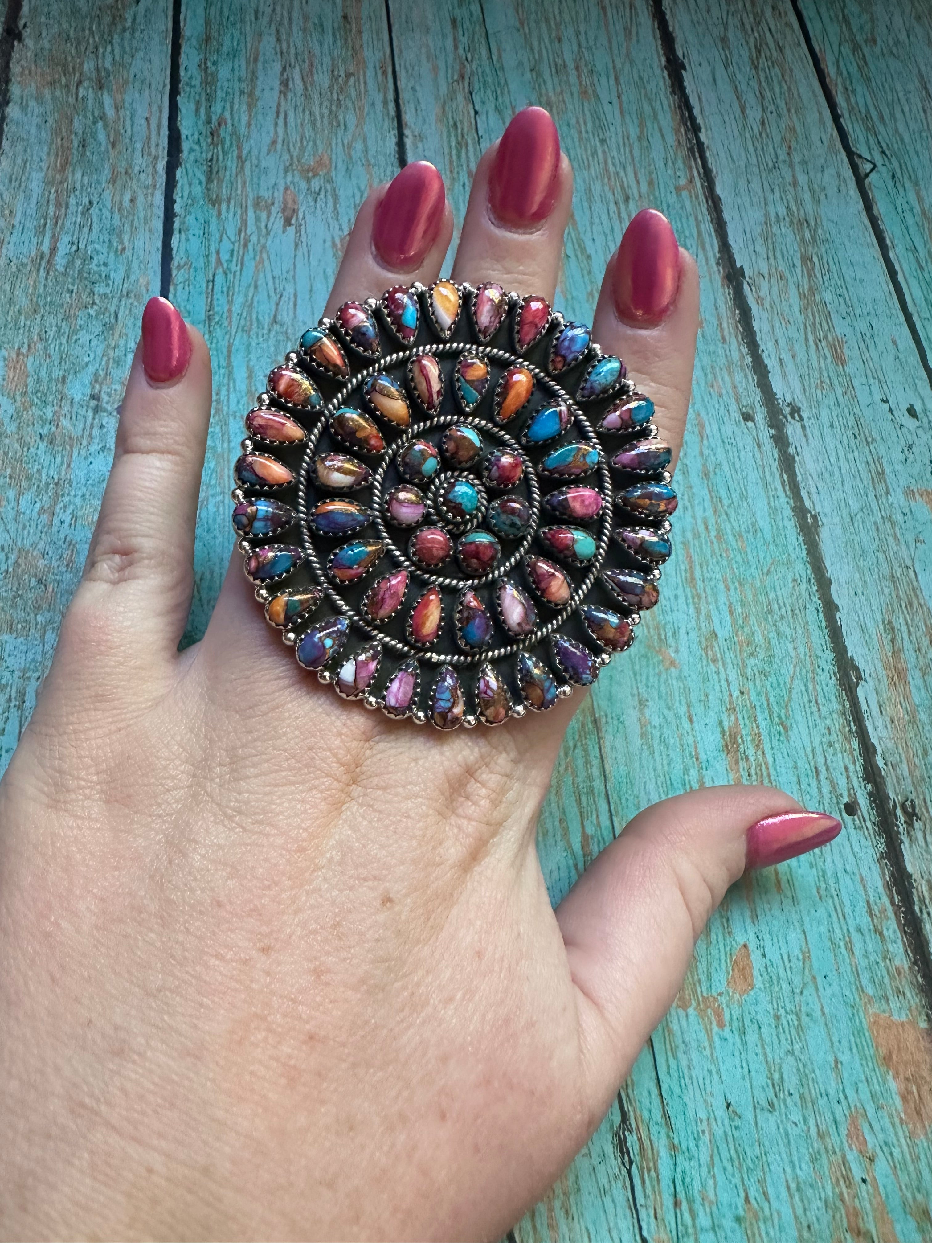 Handmade Pink Dream Mojave And Sterling Silver Adjustable Cluster Ring