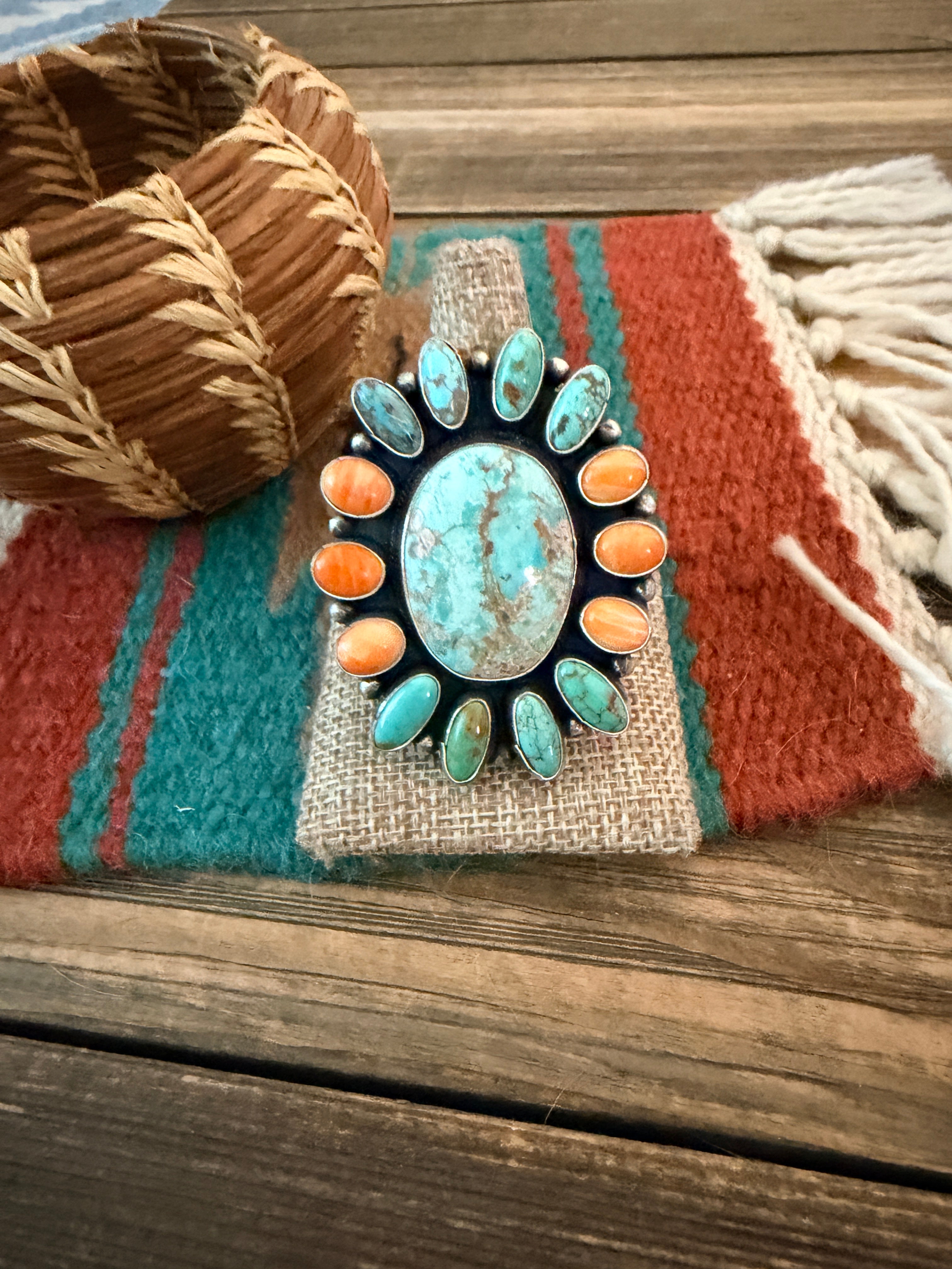 Handcrafted Spiny Oyster, Turquoise & Sterling Silver Cluster Ring by Sheila Becenti Size 11.5