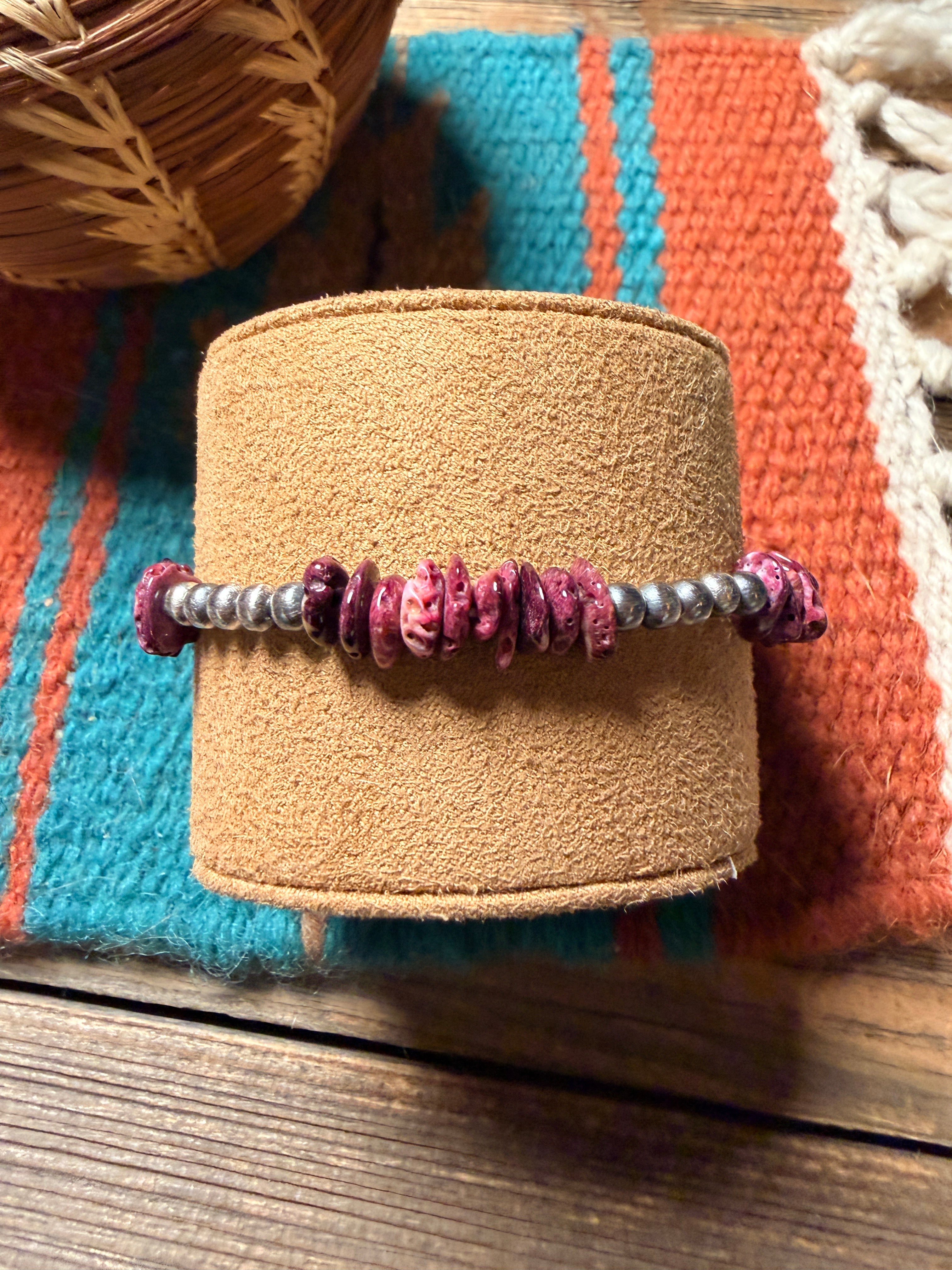 Handcrafted Purple Spiny Oyster & Sterling Silver Beaded Stretch Bracelet