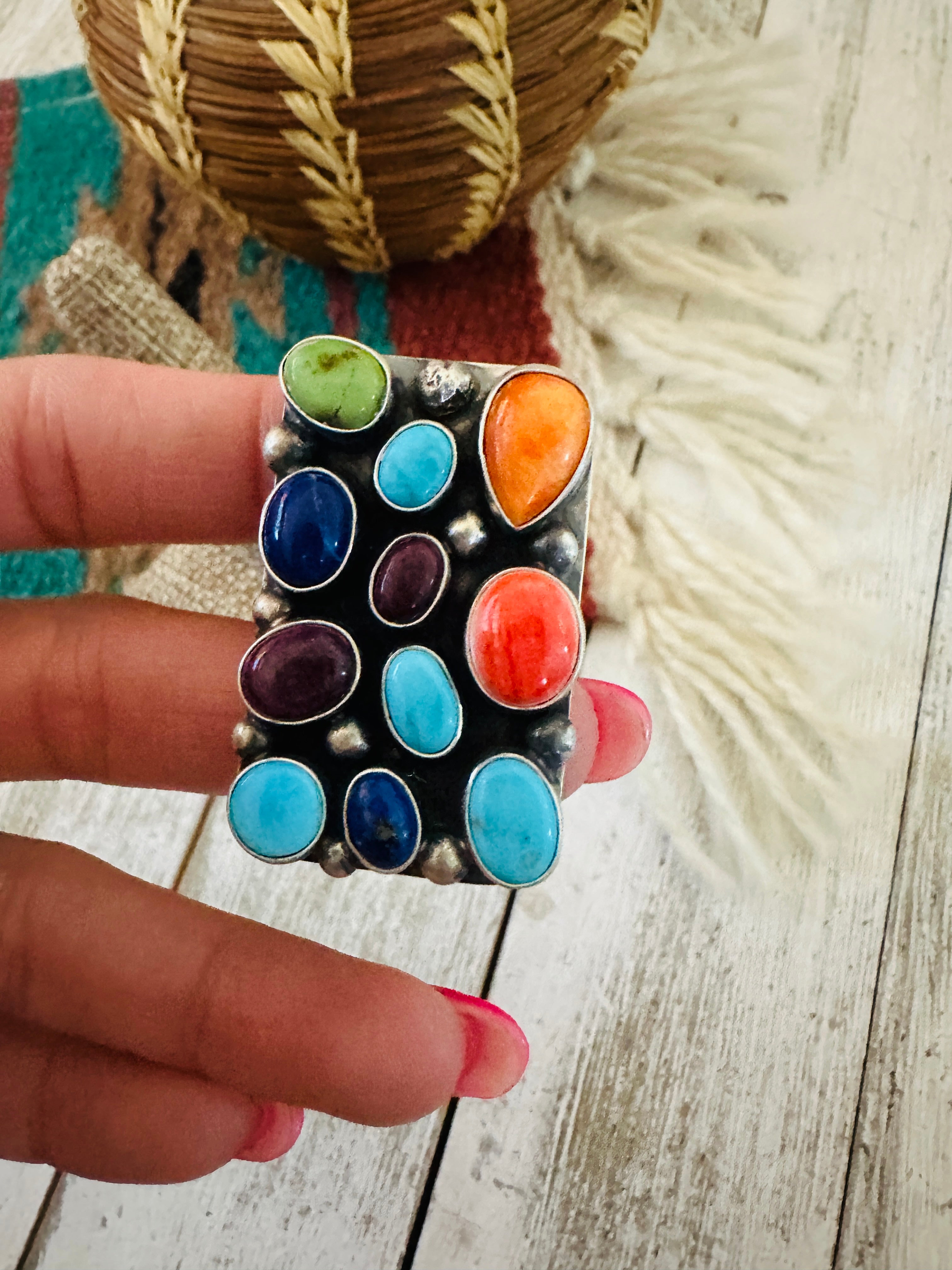 Handcrafted Sterling Silver & Multi Stone Cluster Ring Size 6