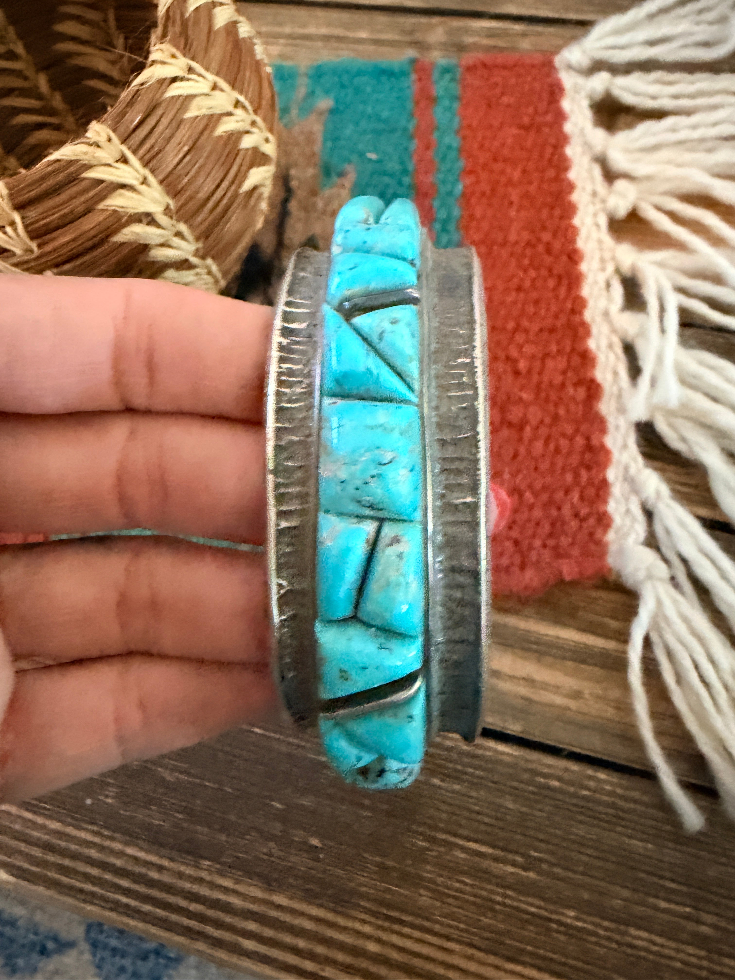 Handcrafted Old Pawn Sterling Silver & Turquoise Cobble Stone Inlay Cuff Bracelet