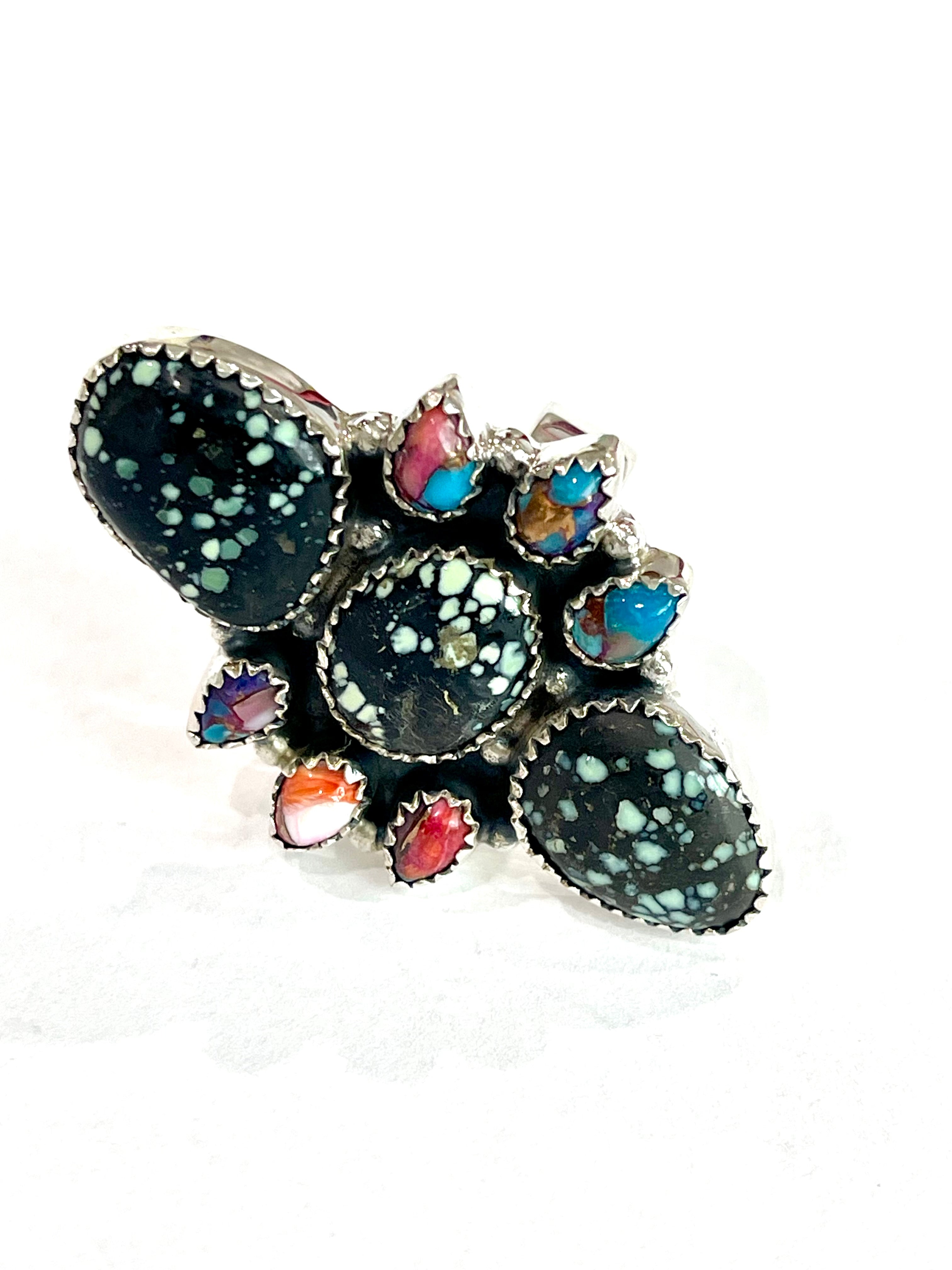 Beautiful Handmade New Lander Turquoise, Pink Dream Mojave And Sterling Silver Adjustable Ring