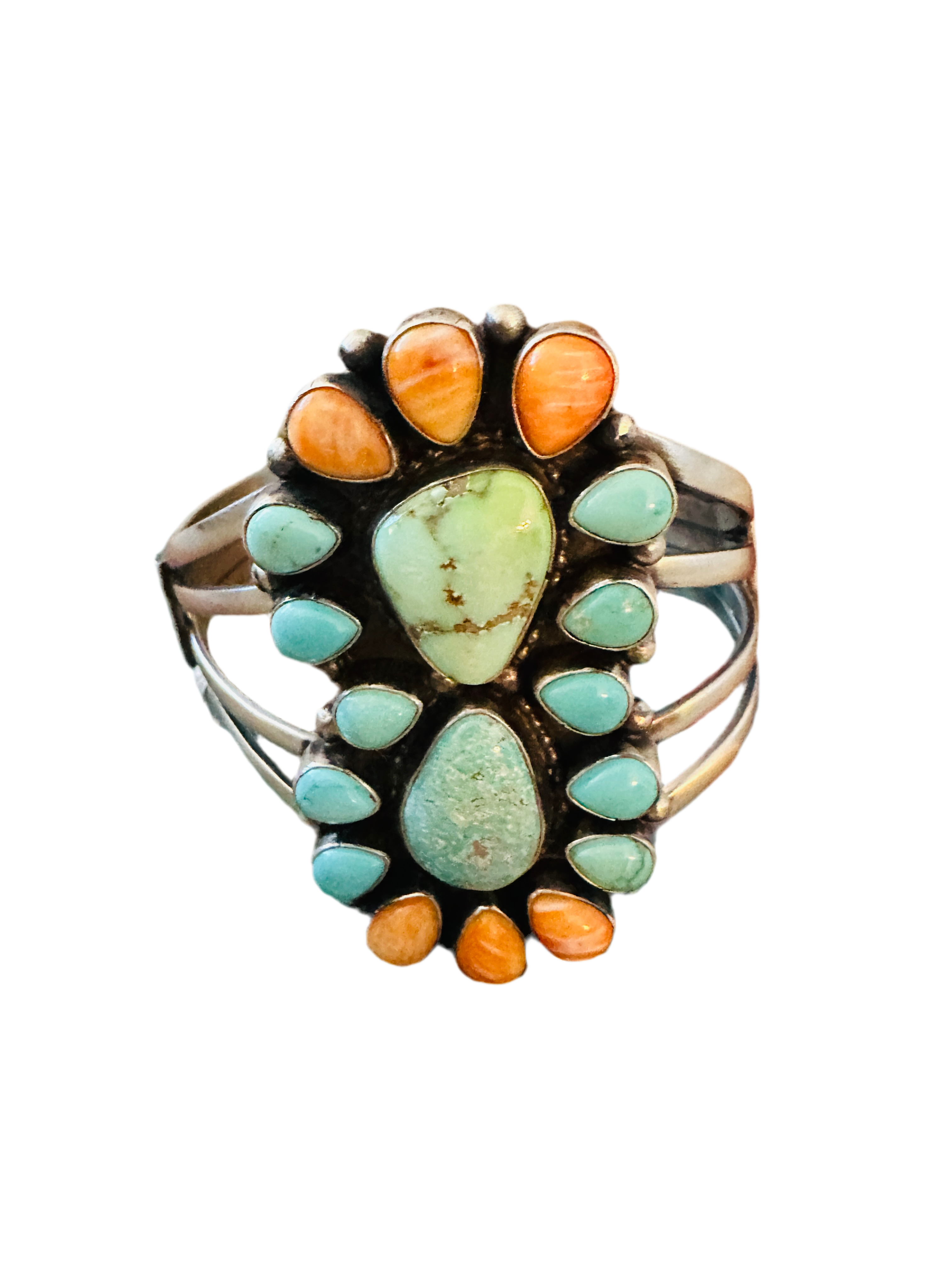 Spiny Oyster, Turquoise & Sterling Silver Cluster Cuff Bracelet /
