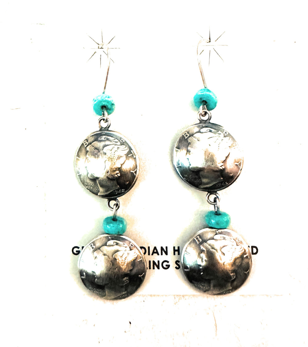 Handcrafted Turquoise & Sterling Silver  Liberty Dime Dangle Earrings