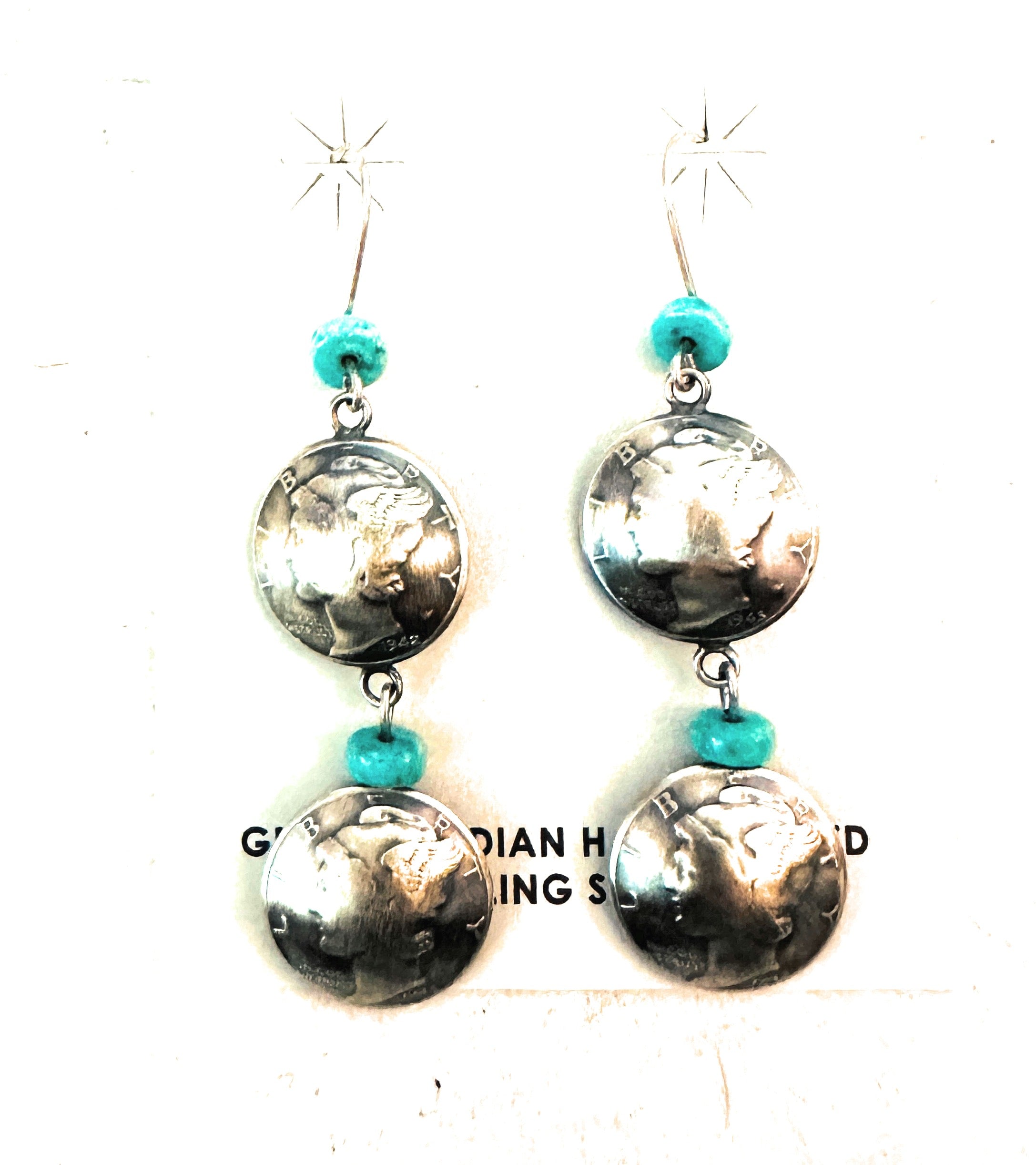 Navajo Turquoise & Sterling Silver  Liberty Dime Dangle Earrings