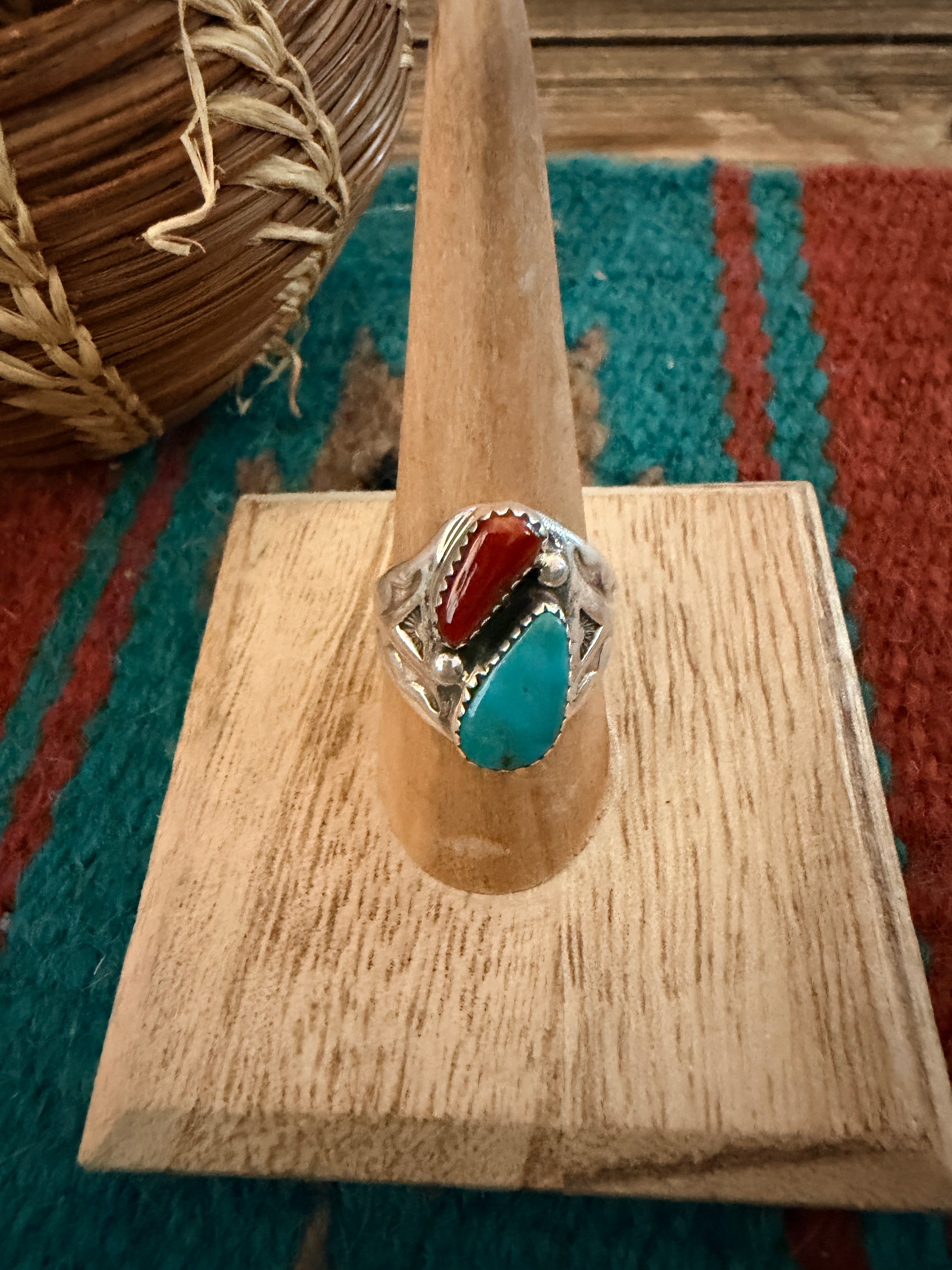Handcrafted Turquoise, Coral & Sterling Silver Ring Size 8.25