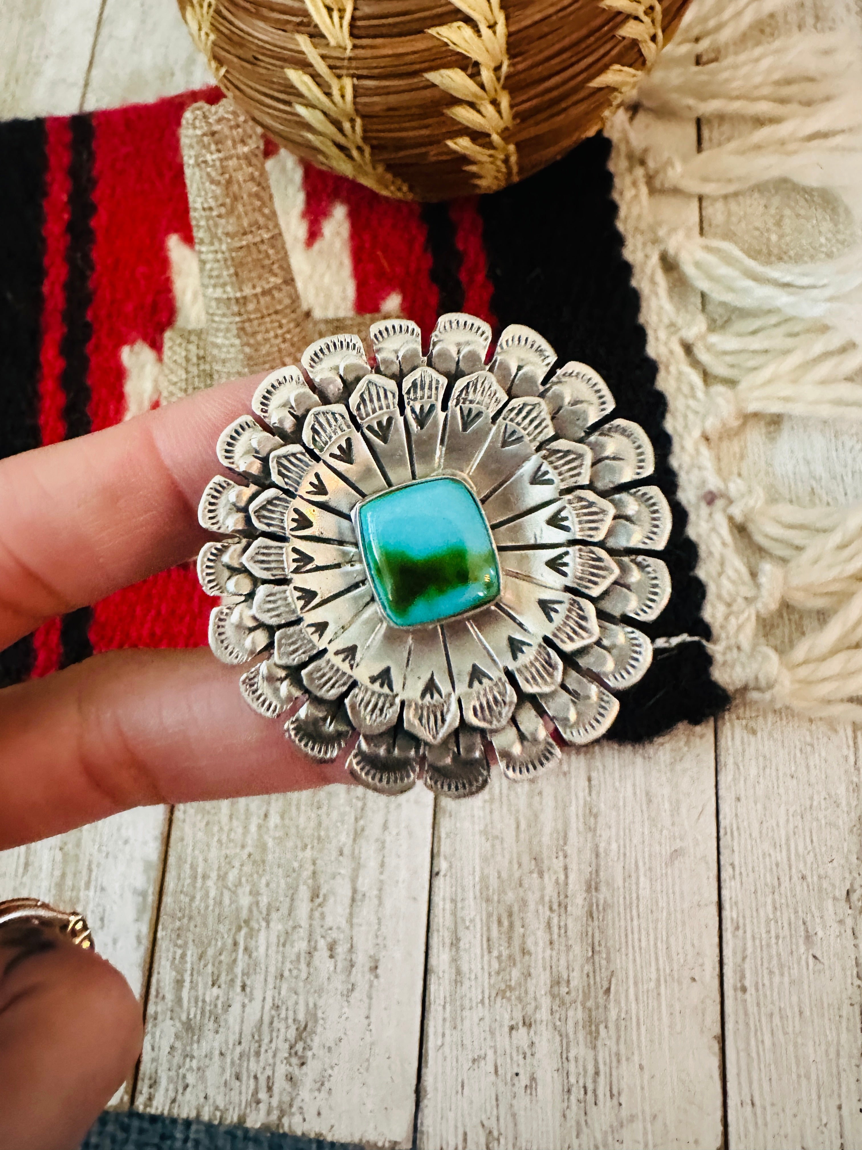 Handcrafted Hand Stamped Sterling Silver &  Turquoise Adjustable Ring by Leroy James