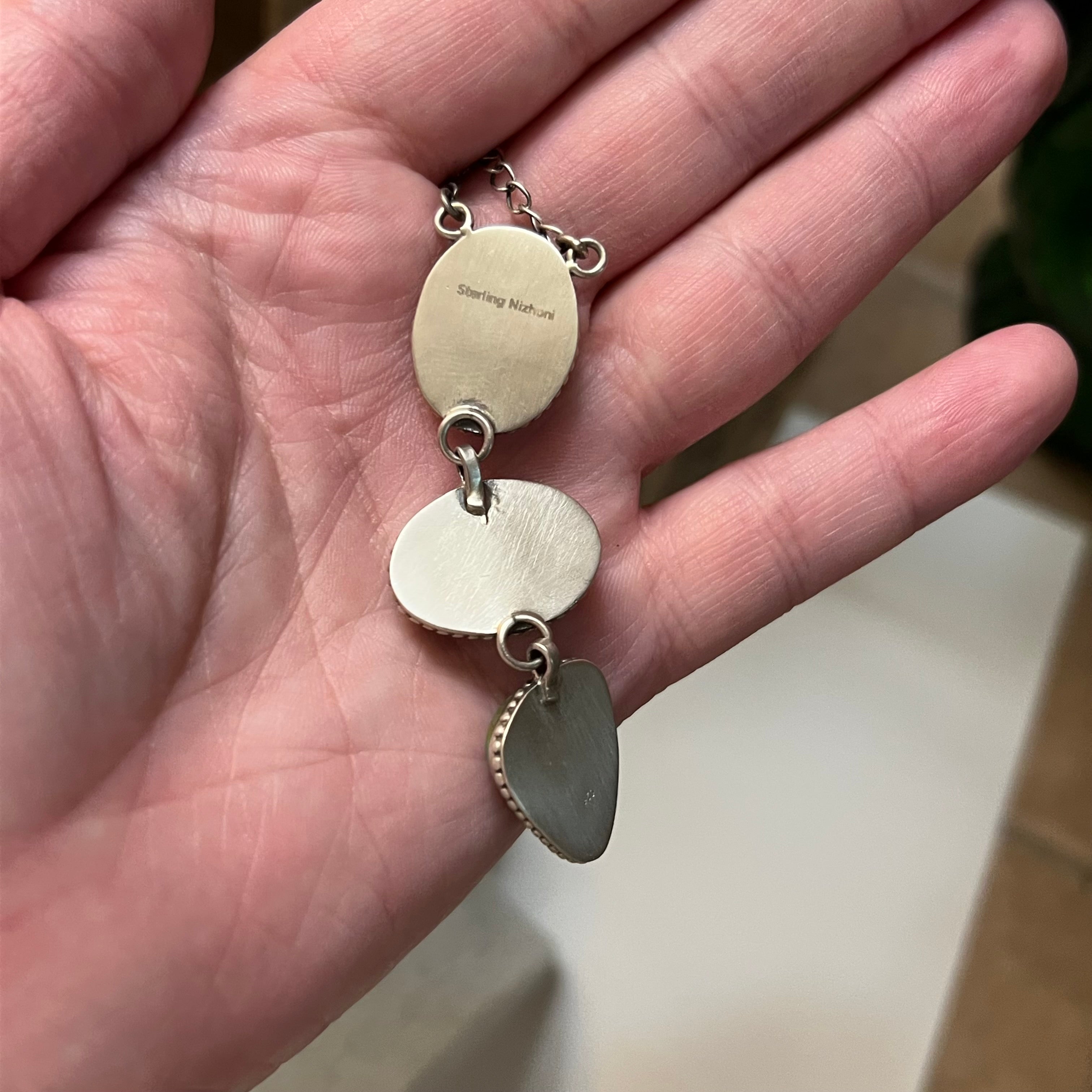 Handmade 3 Stone Turquoise & Sterling Silver Drop Necklace (08)