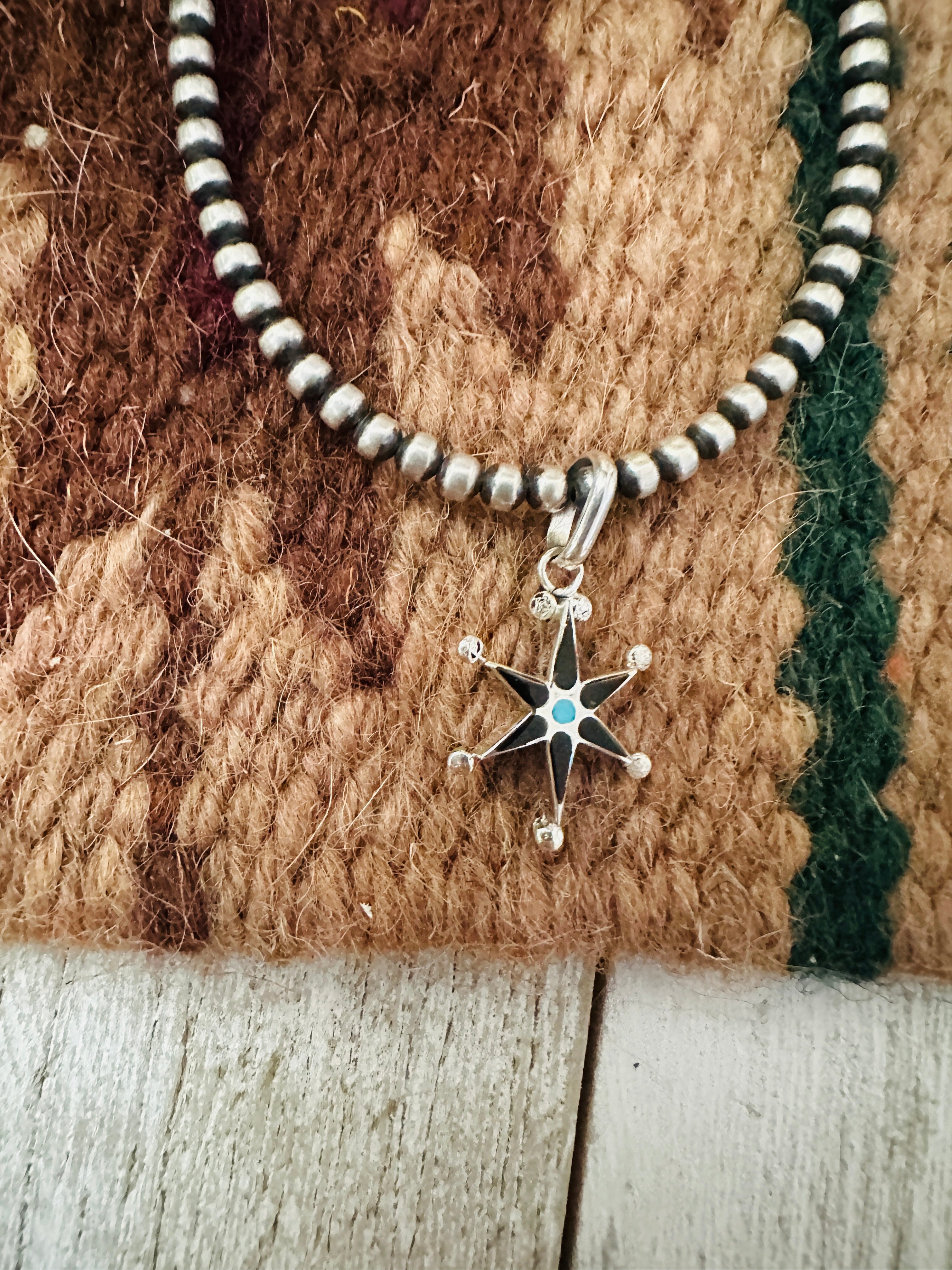 Zuni Sterling Silver, Onyx & Turquoise Mini Star Pendant Signed