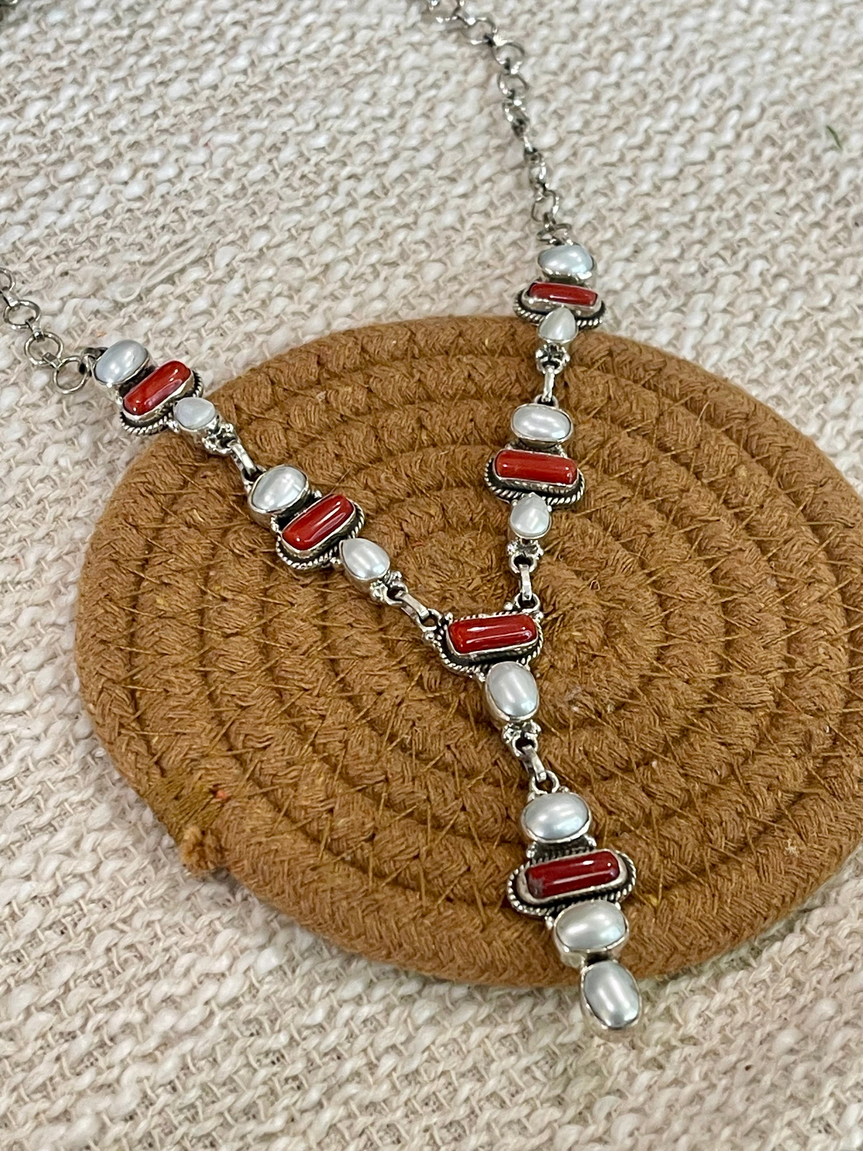 ** 4TH OF JULY ** Handmade Sterling , Silver Synthetic Opal & Coral Necklace with Signed Nizhoni