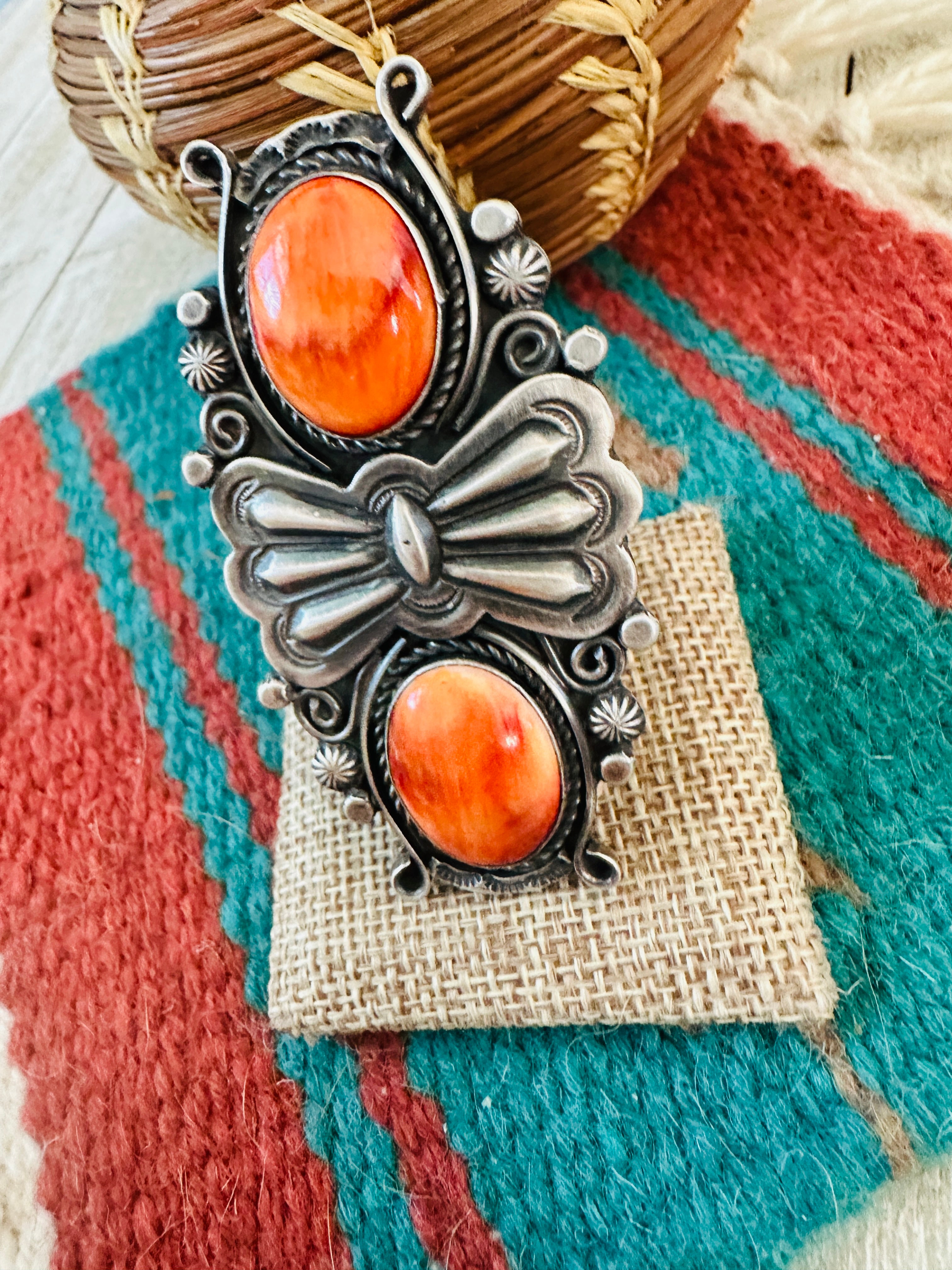 Handcrafted Orange Spiny Oyster & Sterling Silver Ring by Rosella Paxson, Size 9