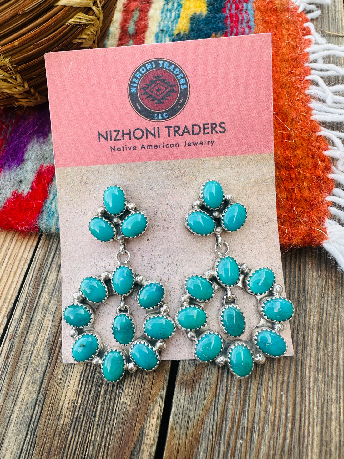 Handcrafted Emerald Valley Turquoise & Sterling Silver Cluster Dangle Earrings