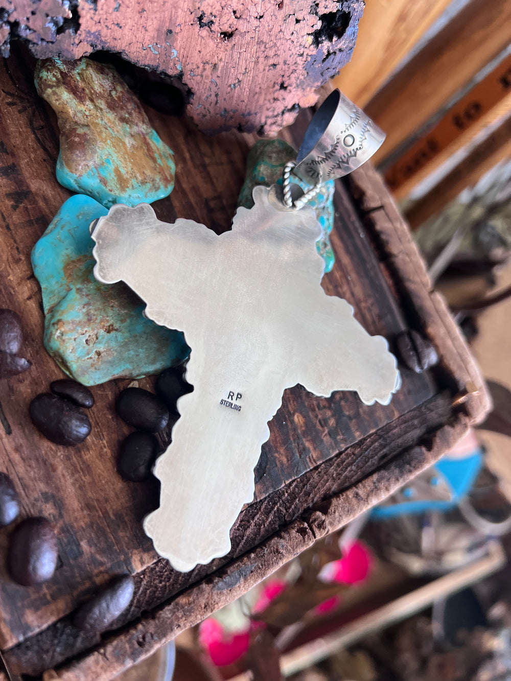 Sterling Silver and Royston Turquoise Cross Pendant by Rosella Paxson