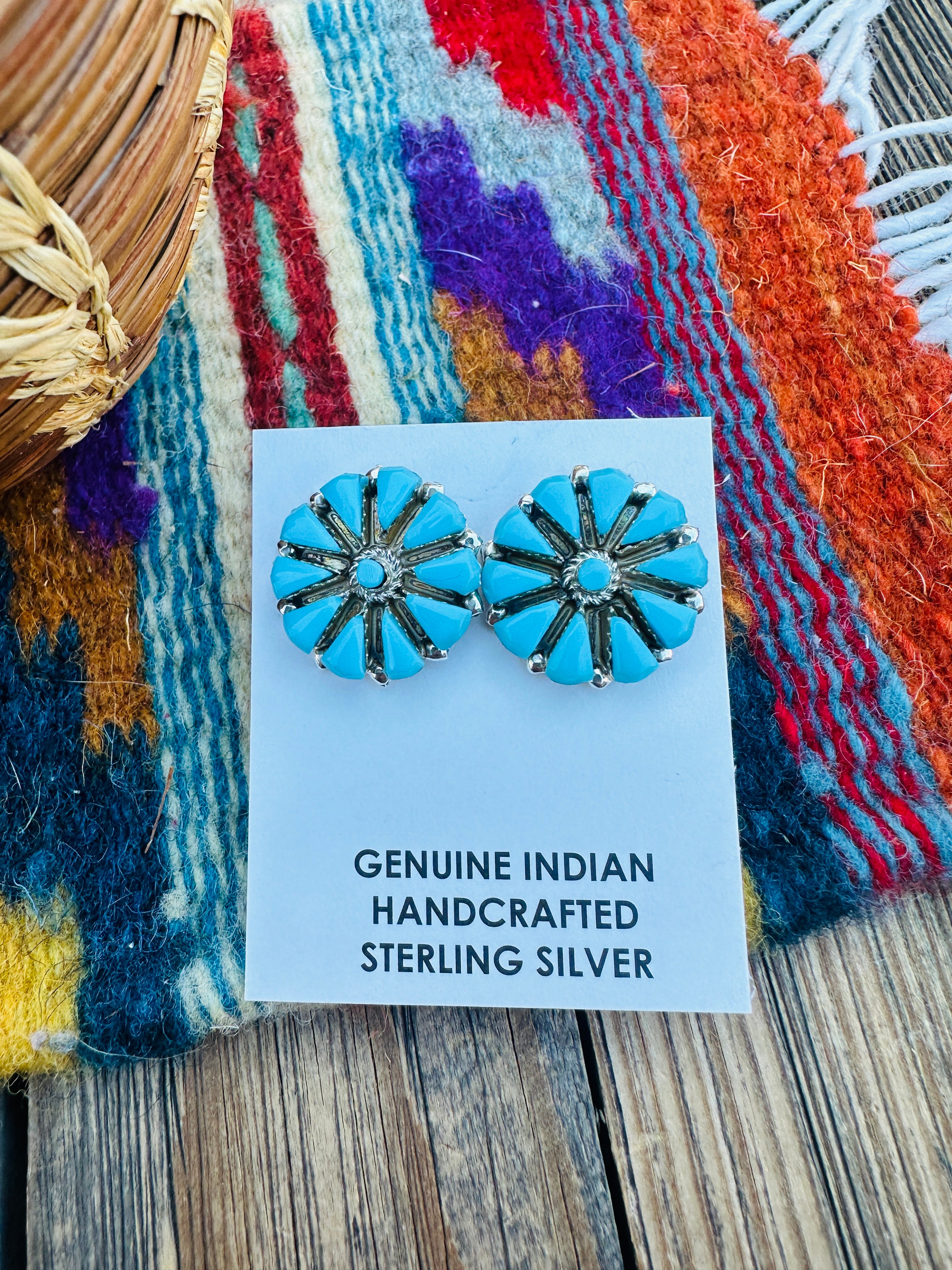 Handcrafted Turquoise & Sterling Silver Cluster Post Earrings