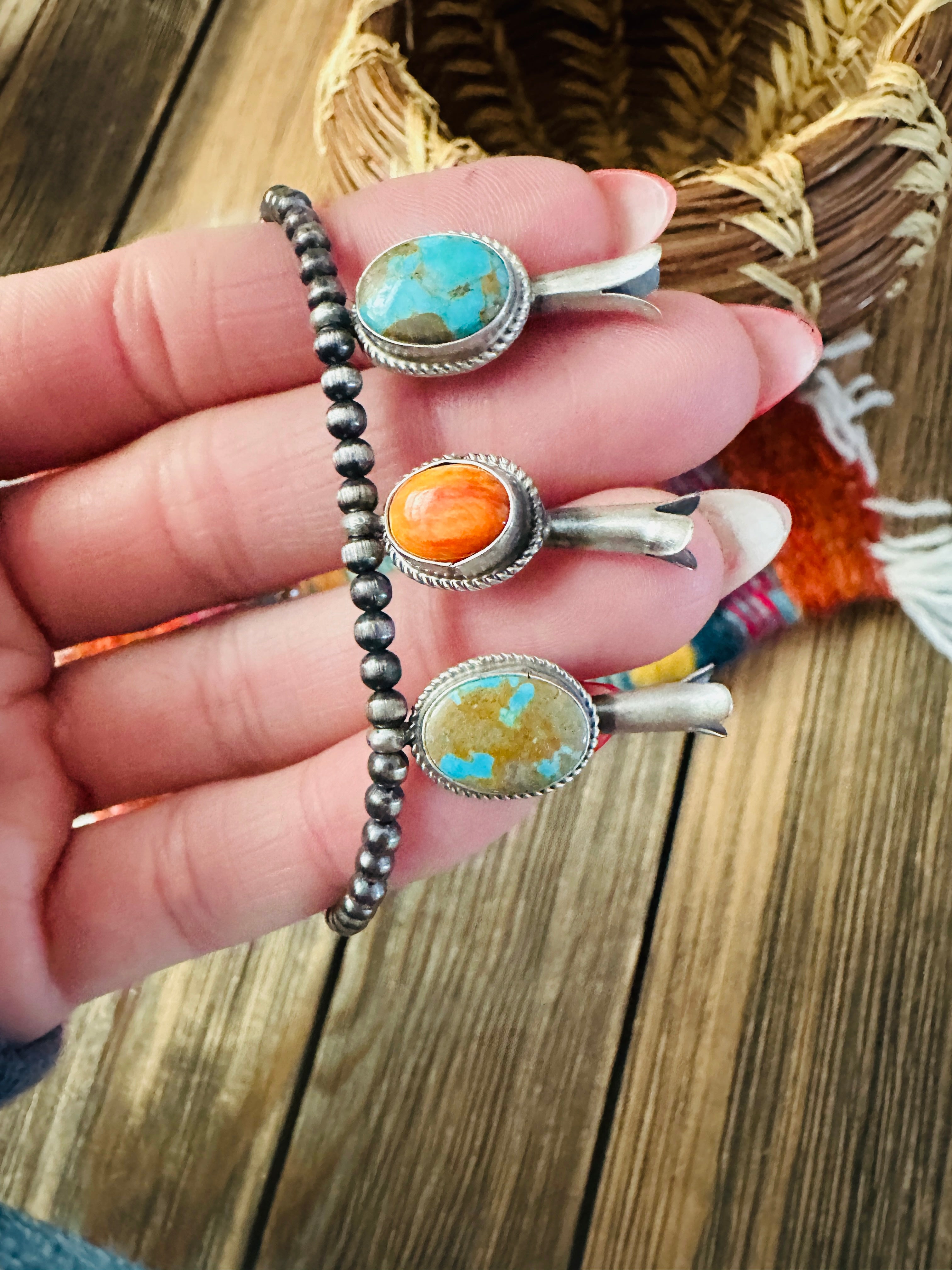 Handcrafted 3mm Sterling Silver Pearl, Turquoise & Spiny Oyster Blossom Stretch Bracelet