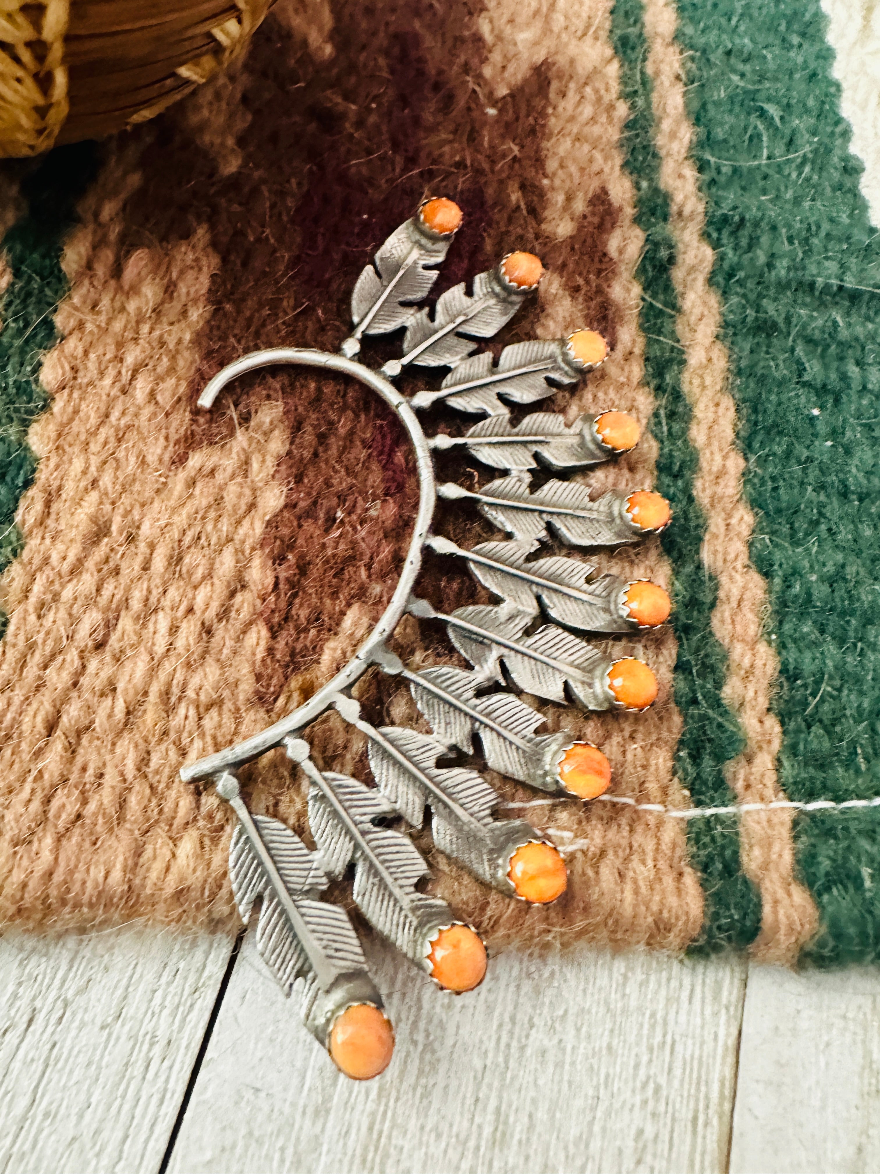 Navajo Orange Spiny & Sterling Silver Feather Cuff Earring (Left Side)