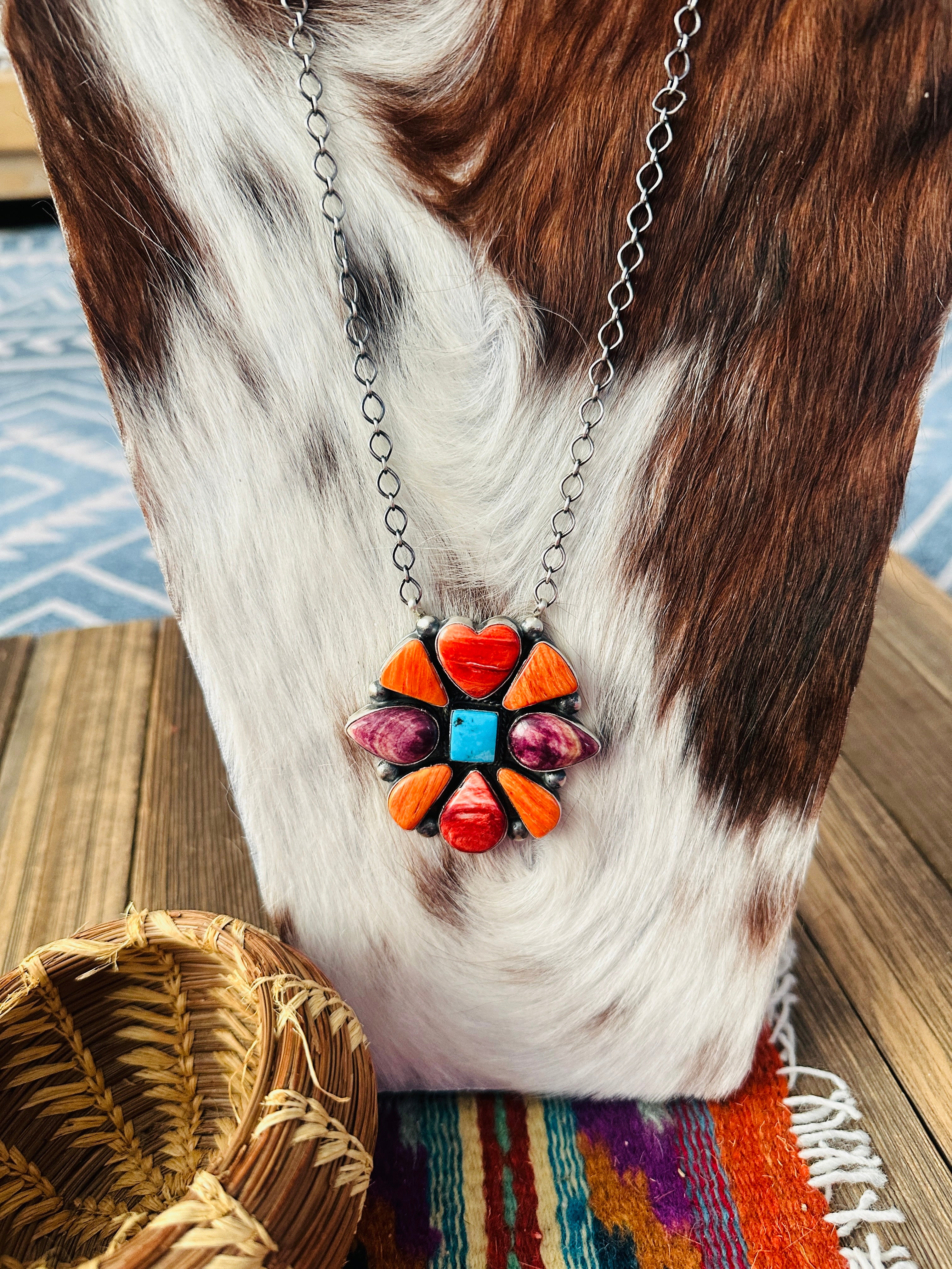 Handcrafted Spiny Oyster, Turquoise & Sterling Silver Necklace by Vicky Hicks