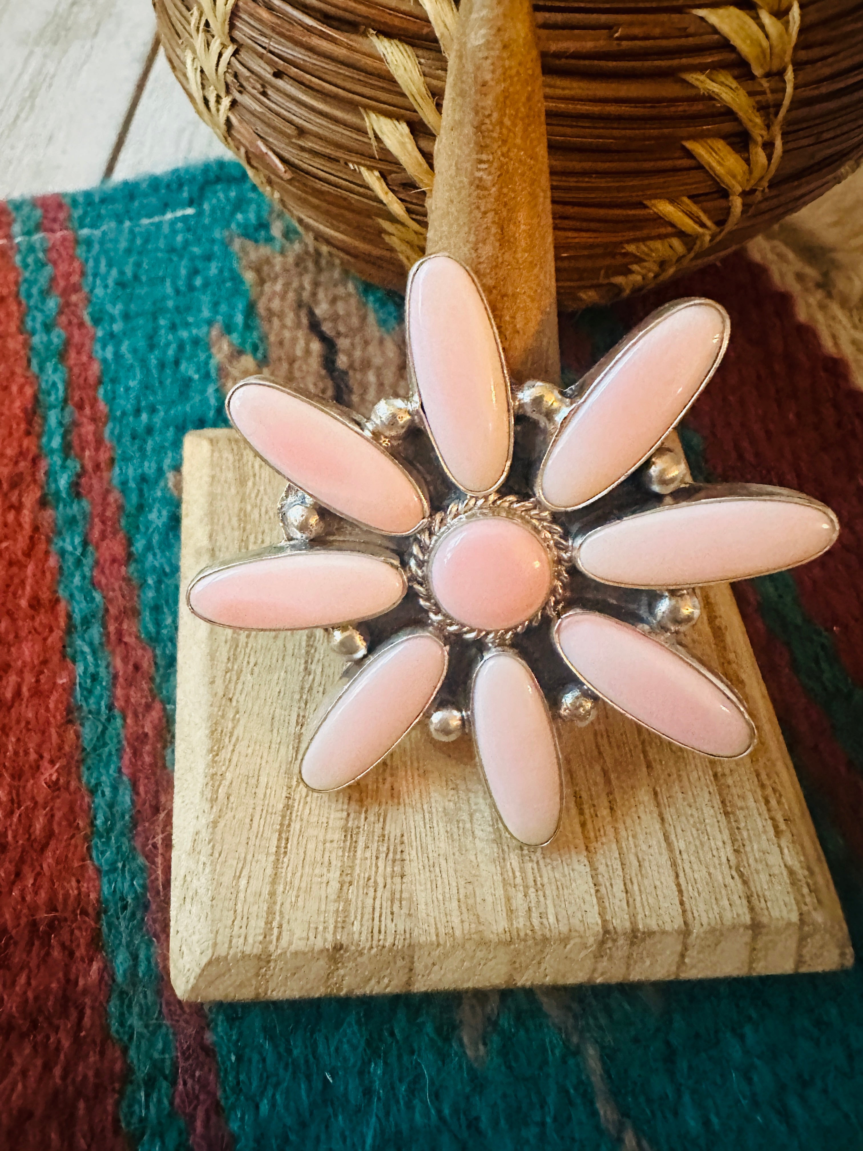 Navajo Sterling Silver & Queen Pink Conch Adjustable Flower Ring