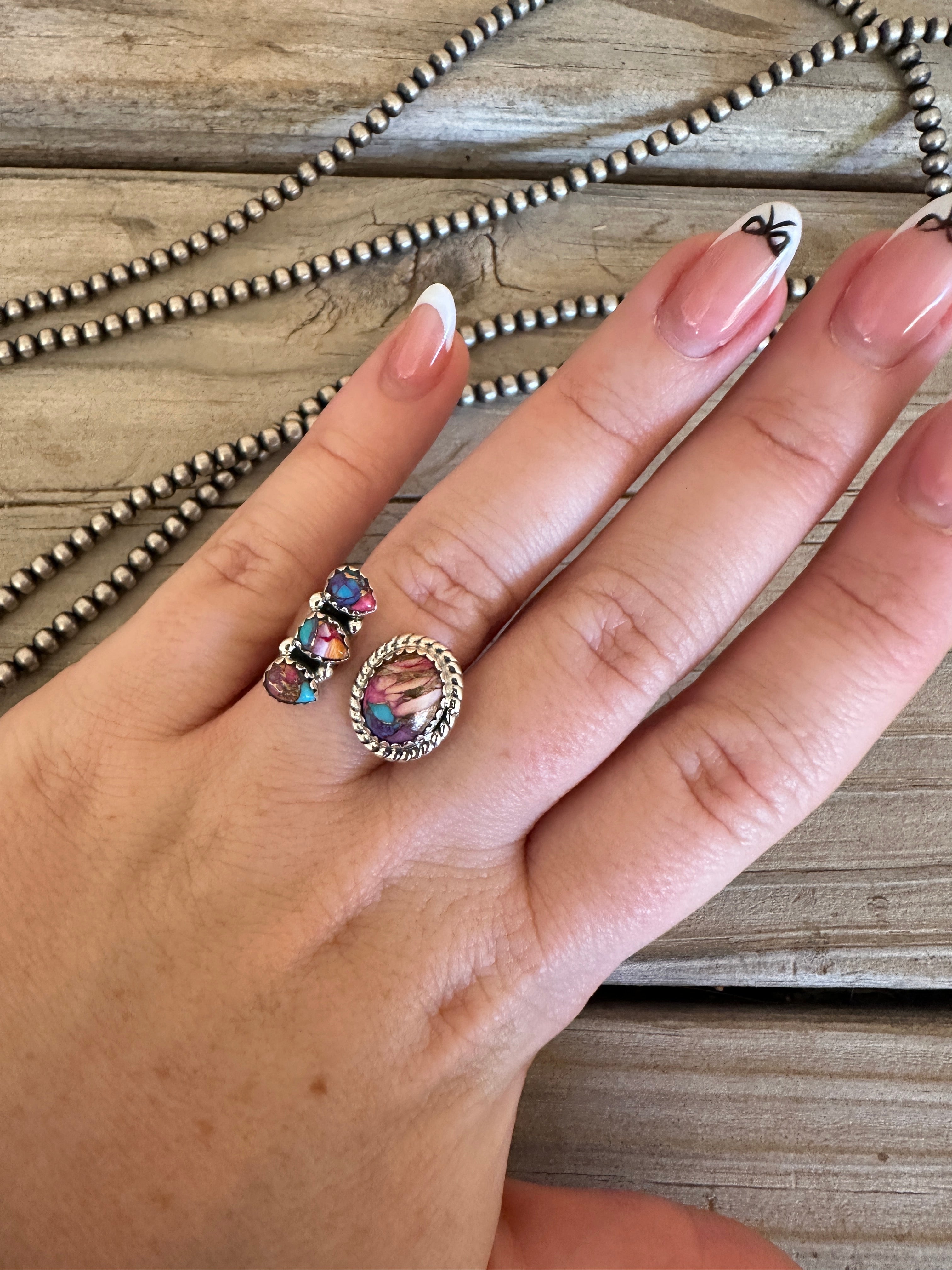 Beautiful Handmade Pink Dream Mojave And Sterling Silver Adjustable Ring Adjustable Front Ring