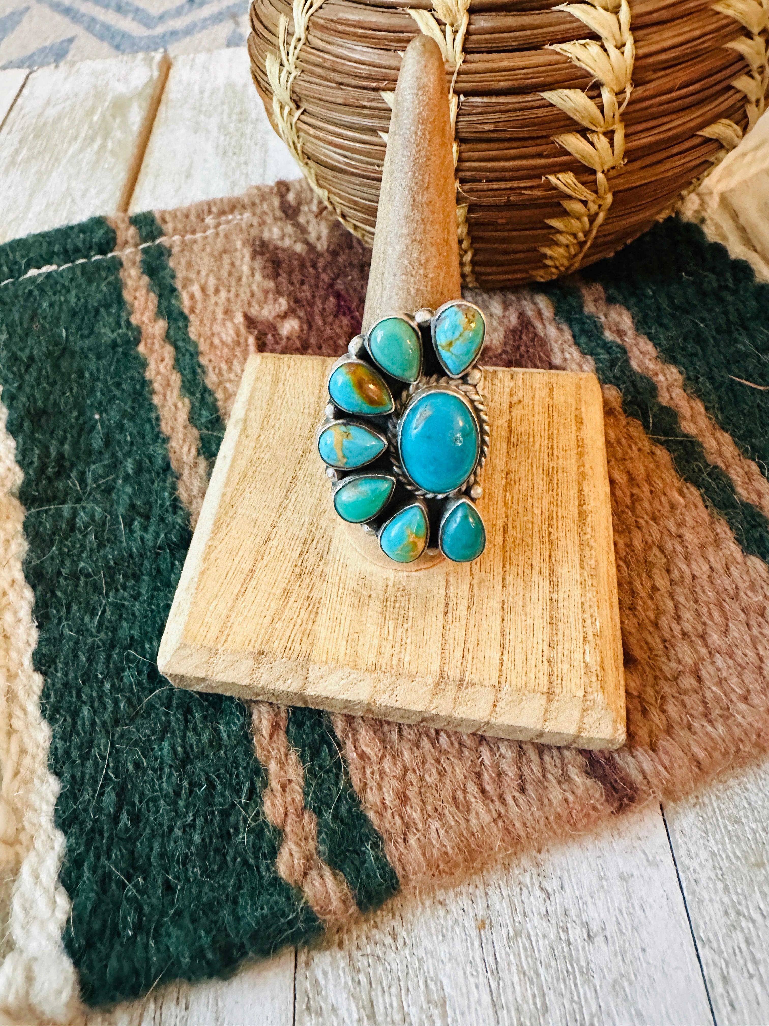 Navajo Turquoise & Sterling Silver Cluster Adjustable Ring