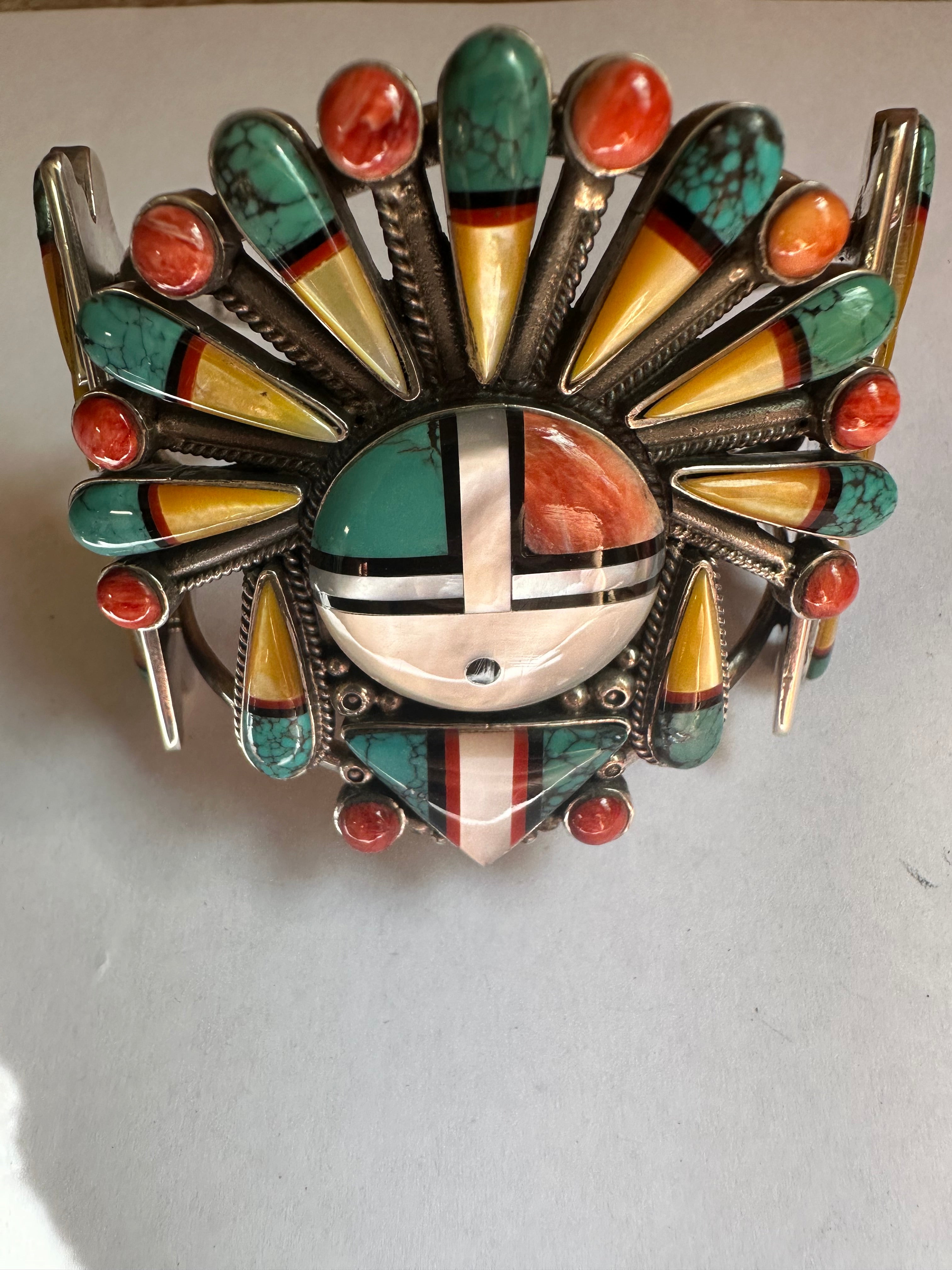 Handmade Sterling Silver Multi Stone Southwest Inlay Sunface Cuff