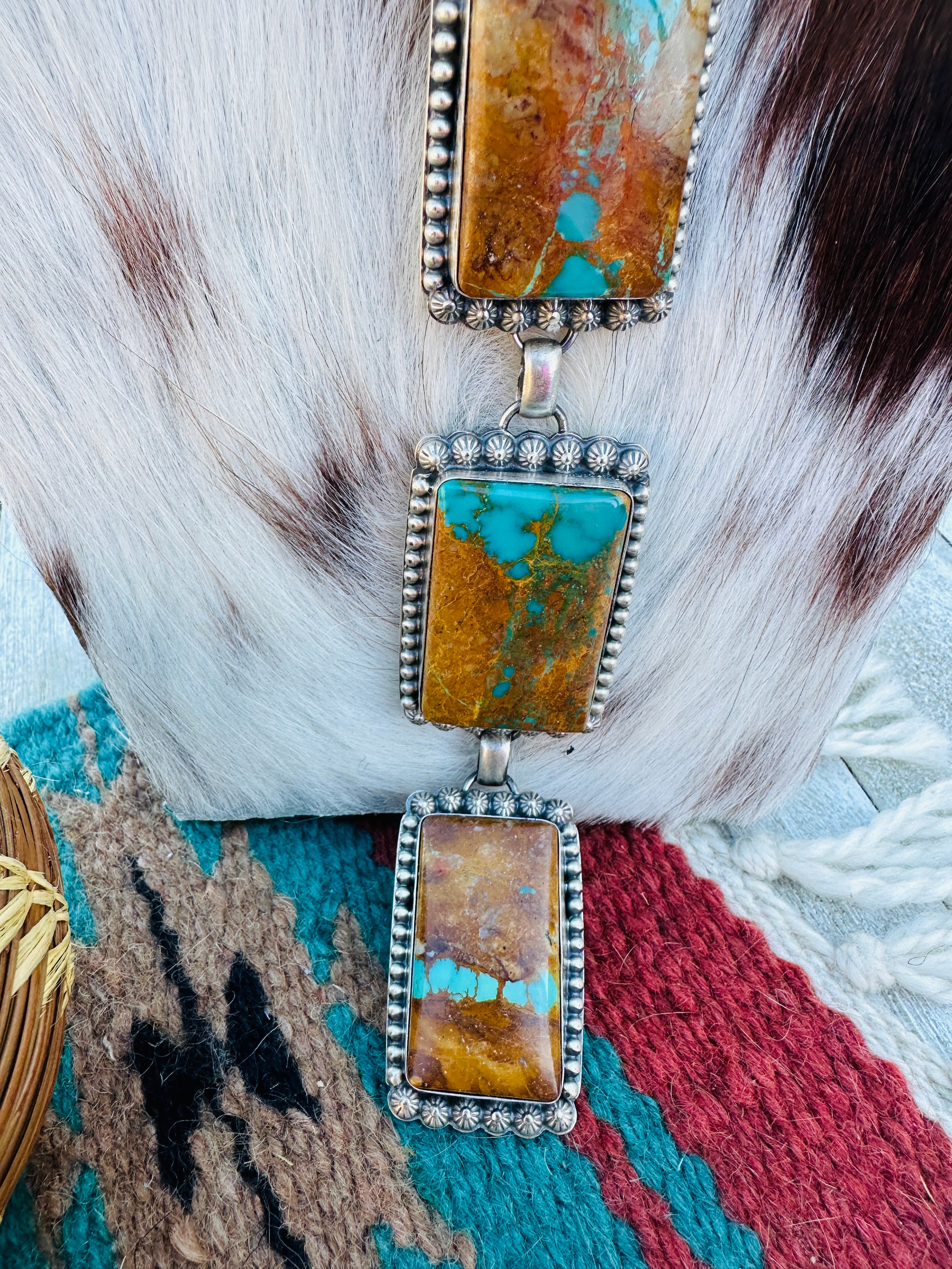 Handcrafted Ribbon Turquoise & Sterling Silver Lariat Necklace