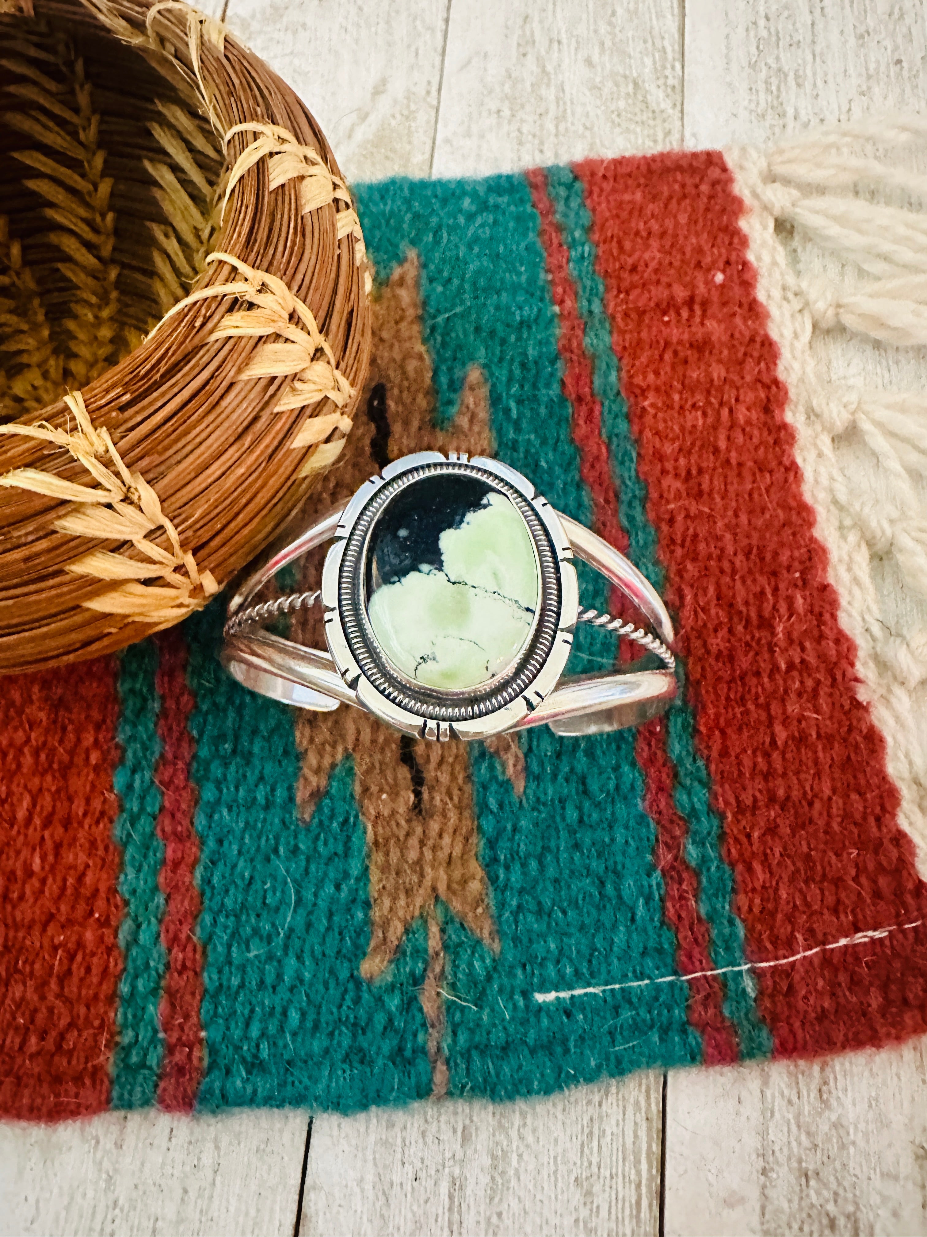 Navajo New Lander Turquoise & Sterling Silver Cuff Bracelet by Wydell Billie