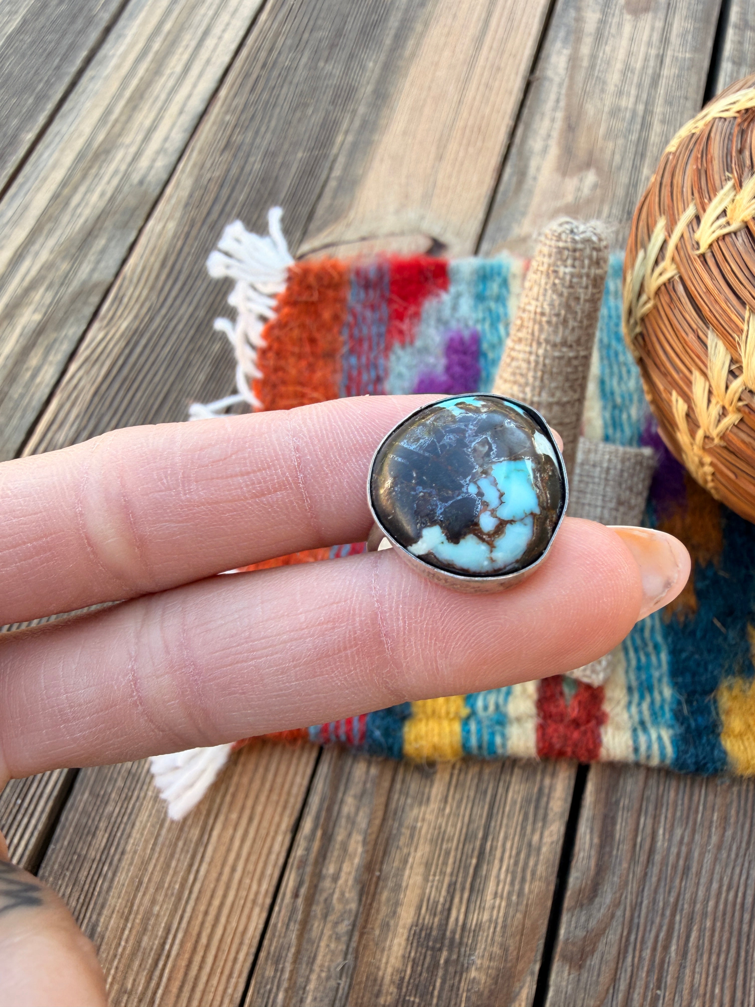 Handcrafted Turquoise & Sterling Silver Ring Size 8.75