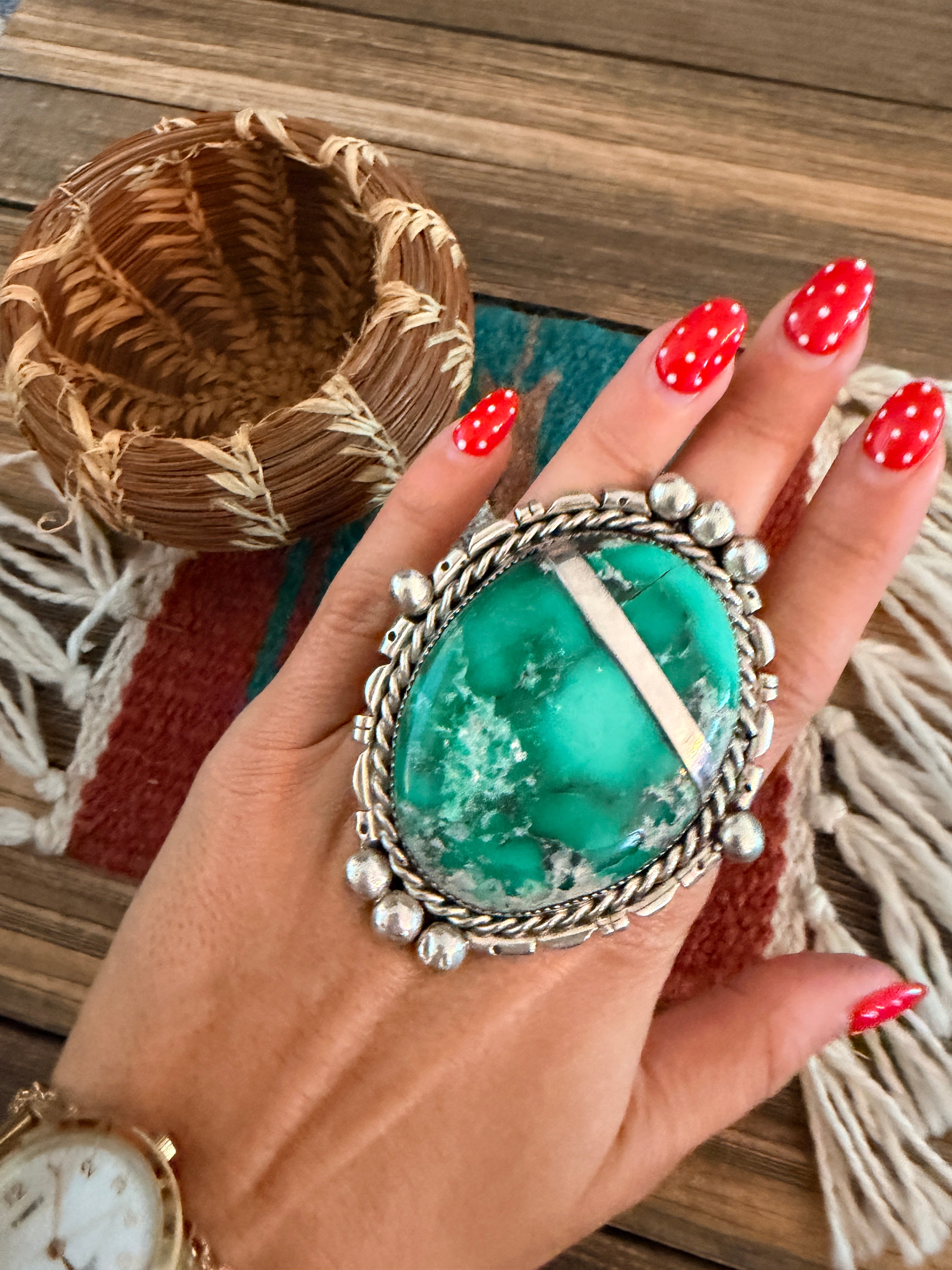 Old Pawn Handcrafted Variscite & Sterling Silver Ring Size 9