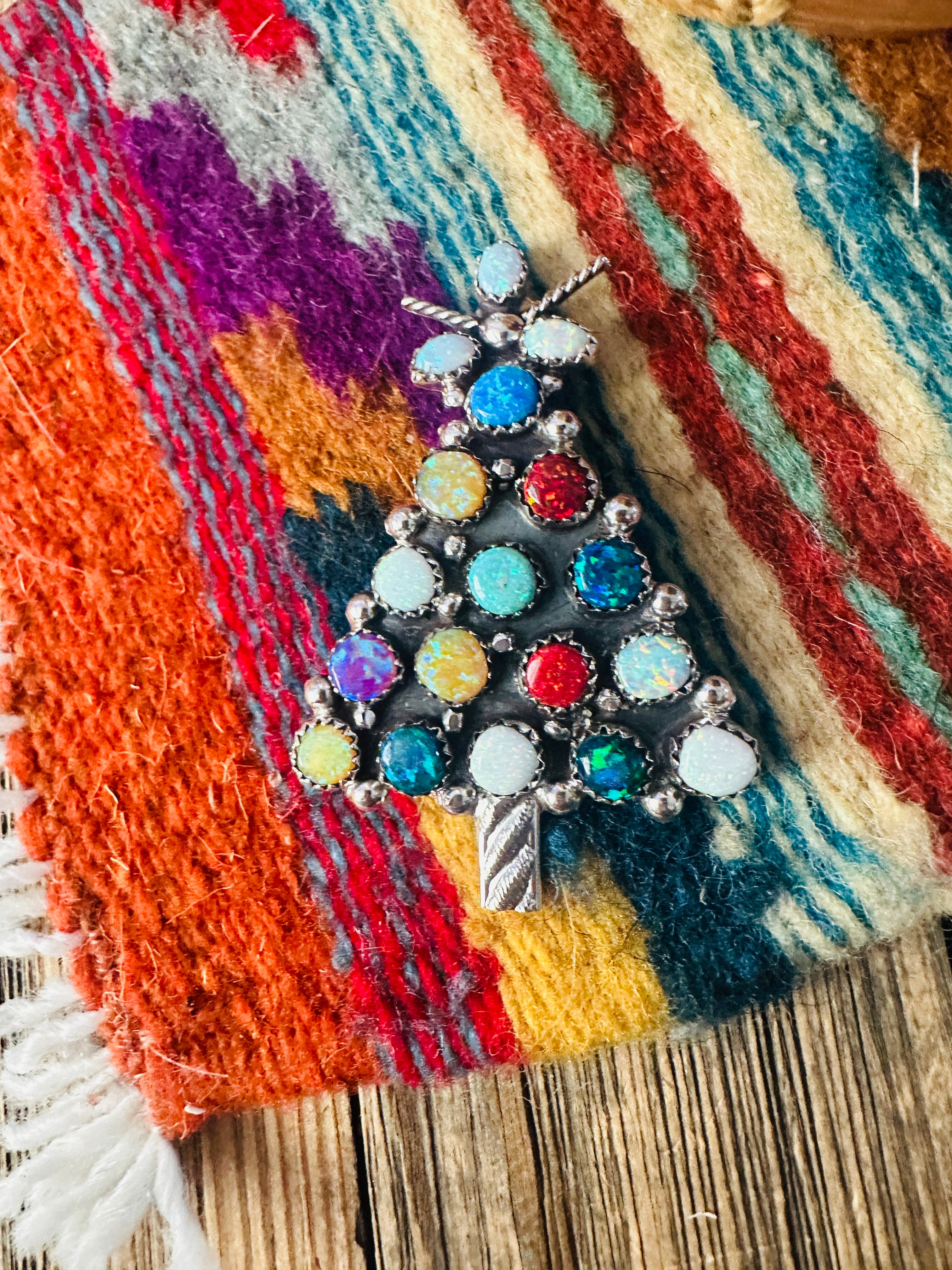 Handcrafted Sterling Silver & Multicolor Opal Christmas Tree Brooch