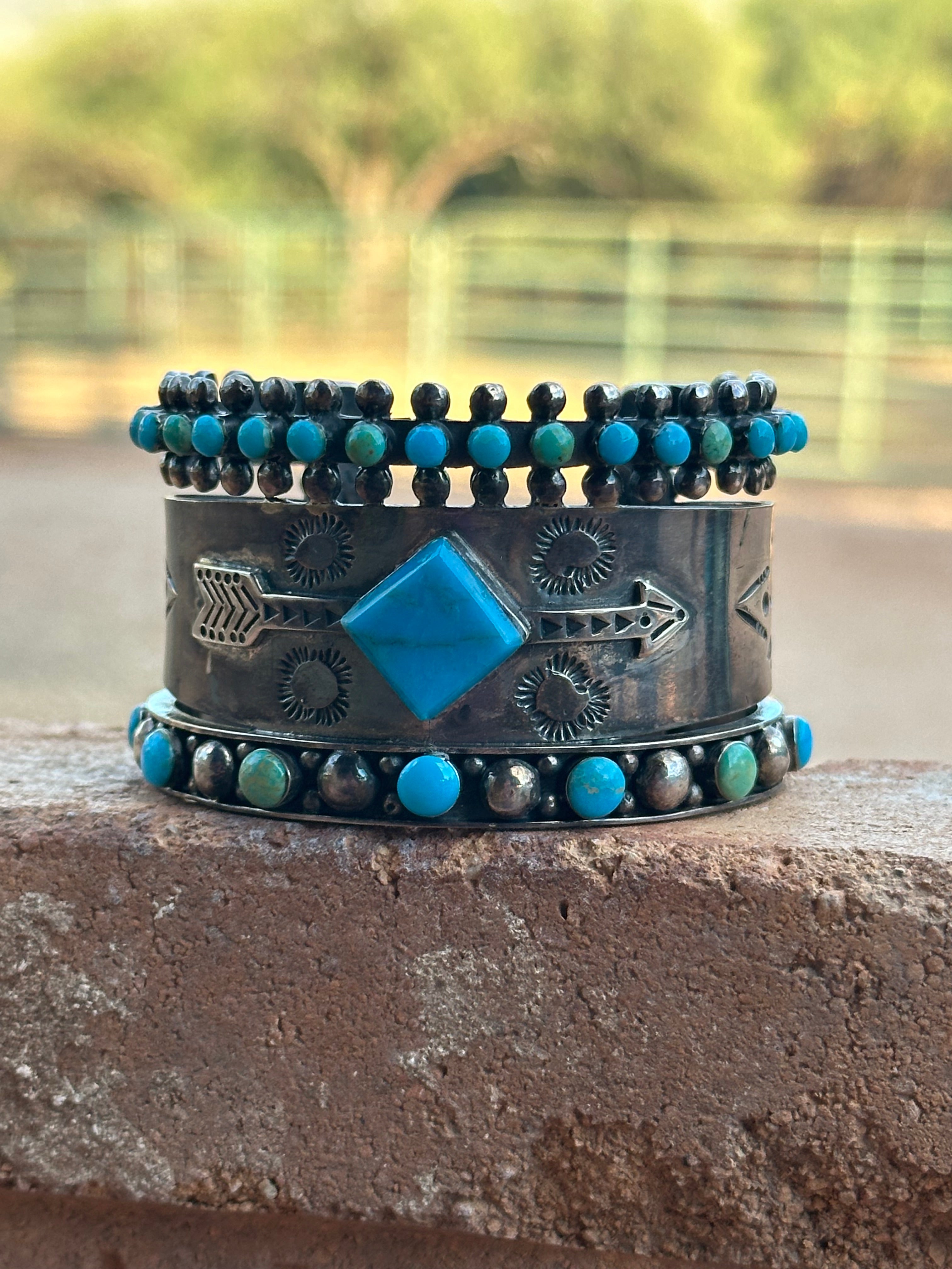 Handmade Sterling Silver Sleeping Beauty and Royston Turquoise Thunderbird Cuff