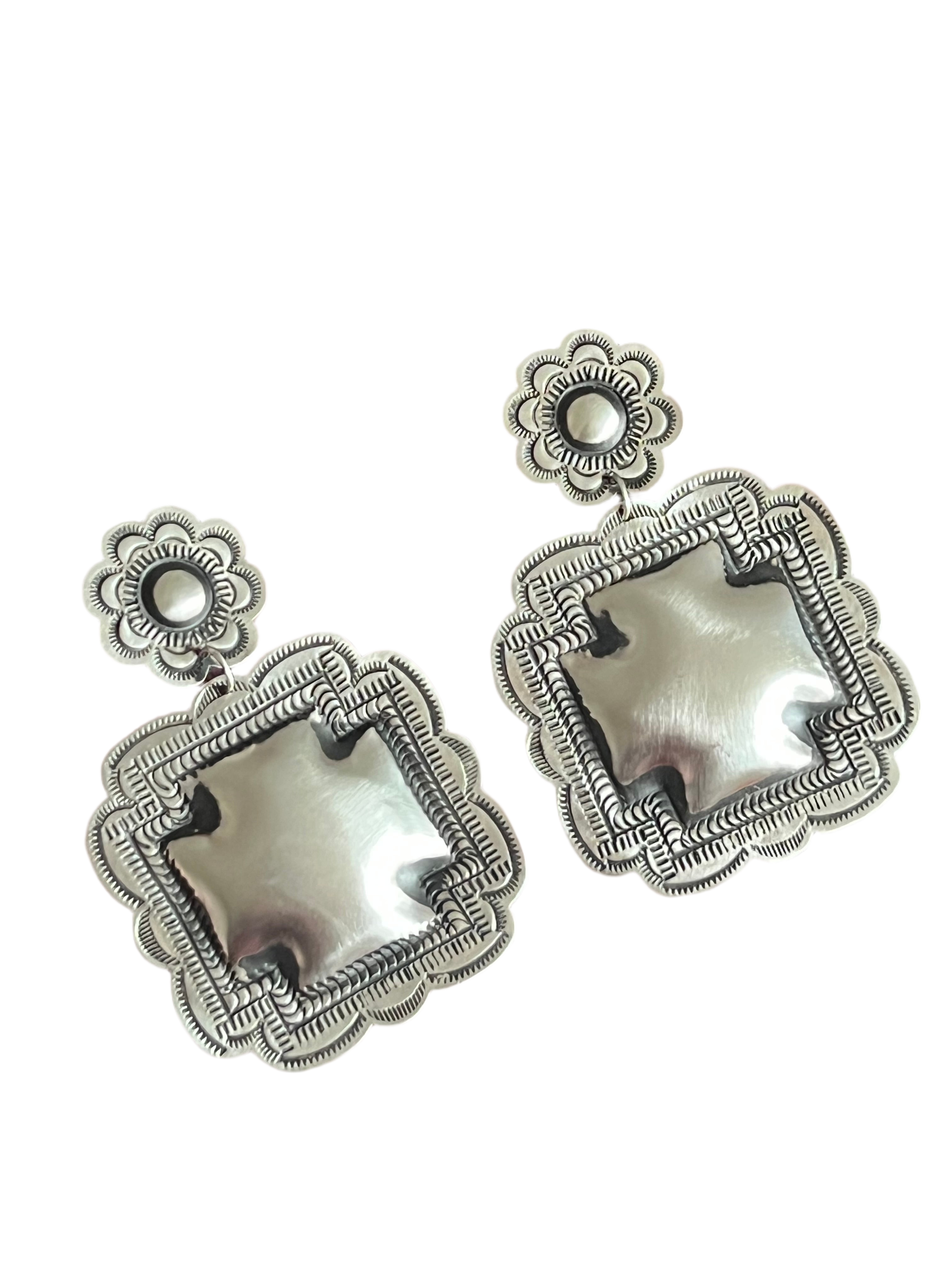 Handcrafted Sterling Silver Stamped Repousse Santa Fe Cross Earrings by Leander Tahe, C3