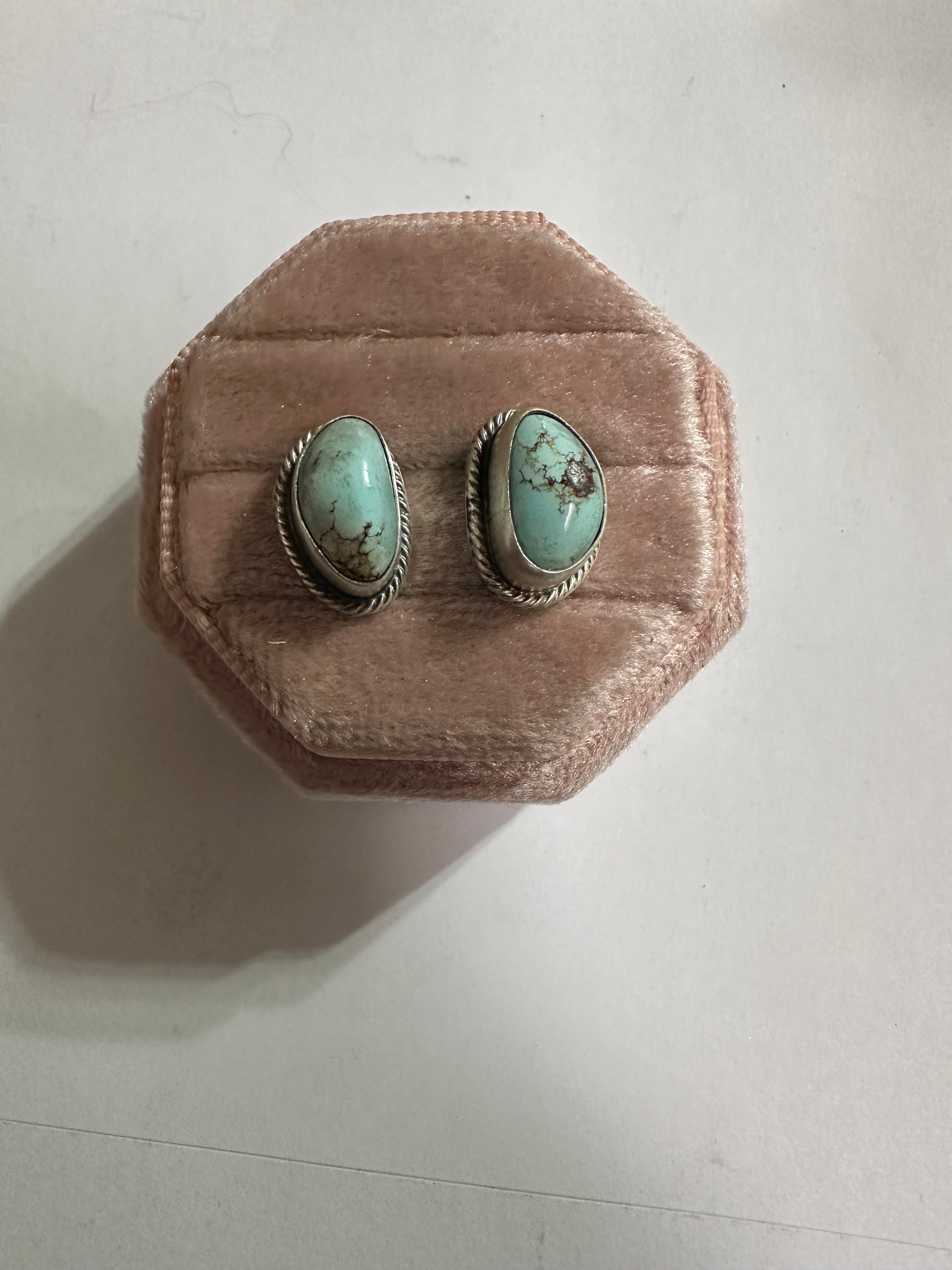 Navajo Sterling Silver & Golden Hills Turquoise Stud Earrings Signed