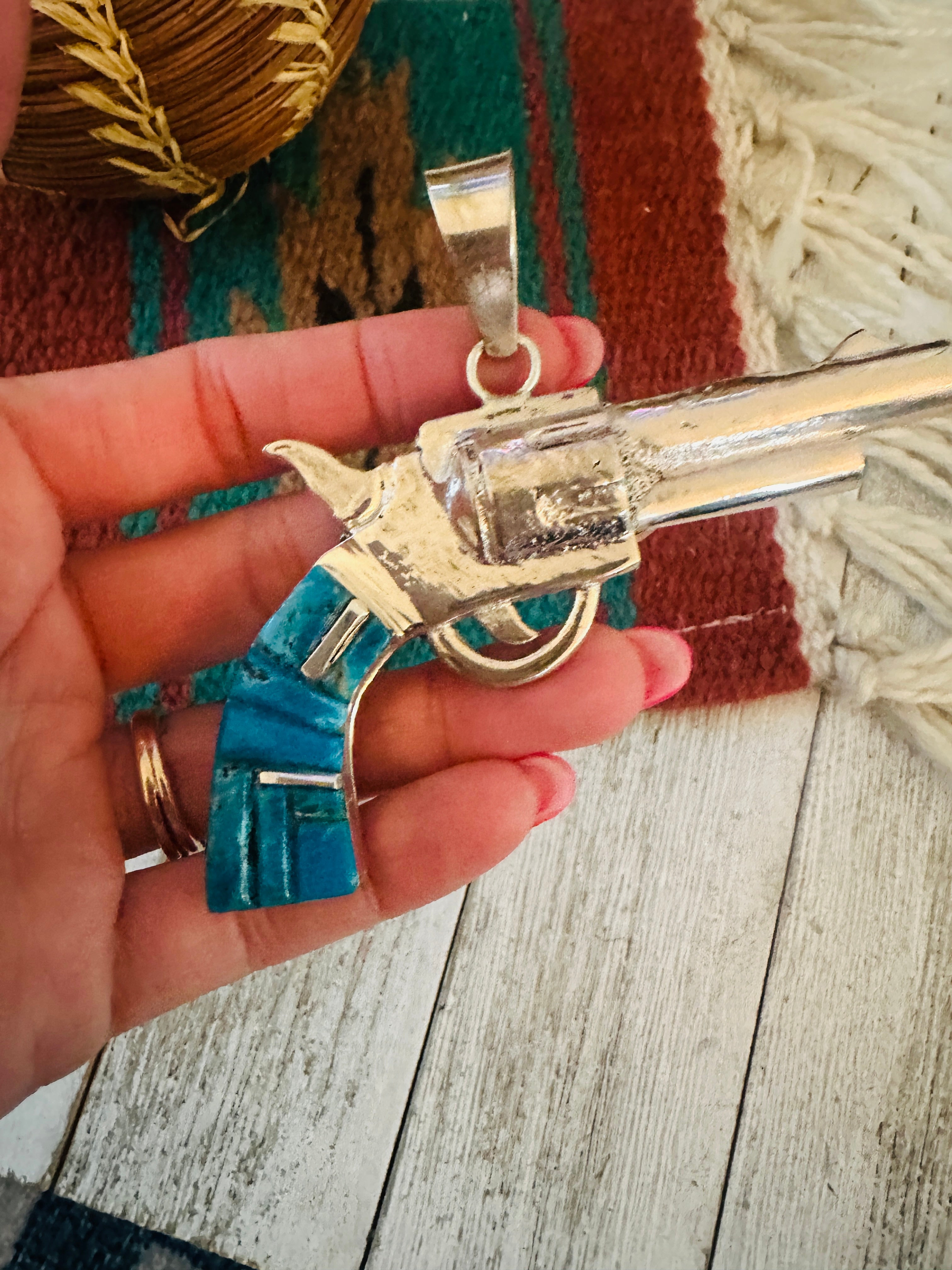 Handcrafted Sterling Silver & Turquoise Inlay Pistol Pendant