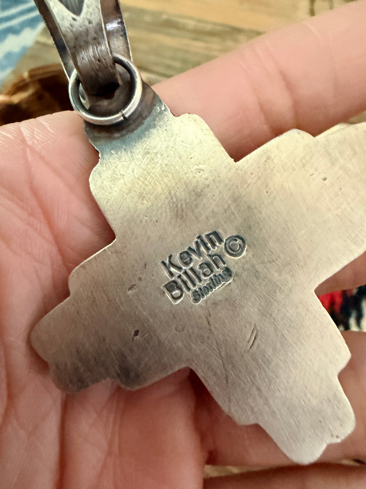 Handcrafted Sterling Silver & Sonoran Mountain Turquoise Zia Cross Pendant by Kevin Billah