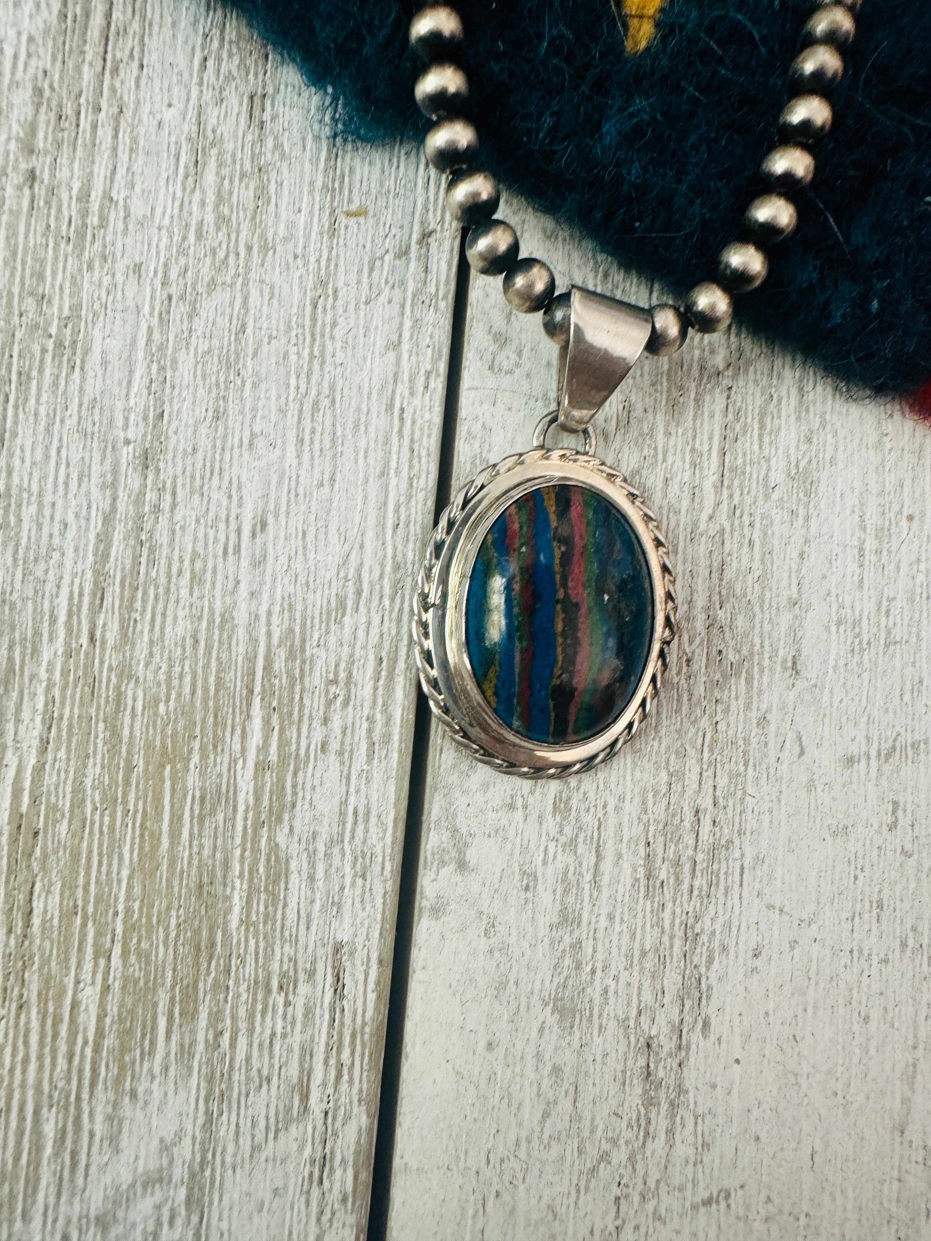 Navajo Rainbow Calsilica  and Sterling Silver Star Pendant