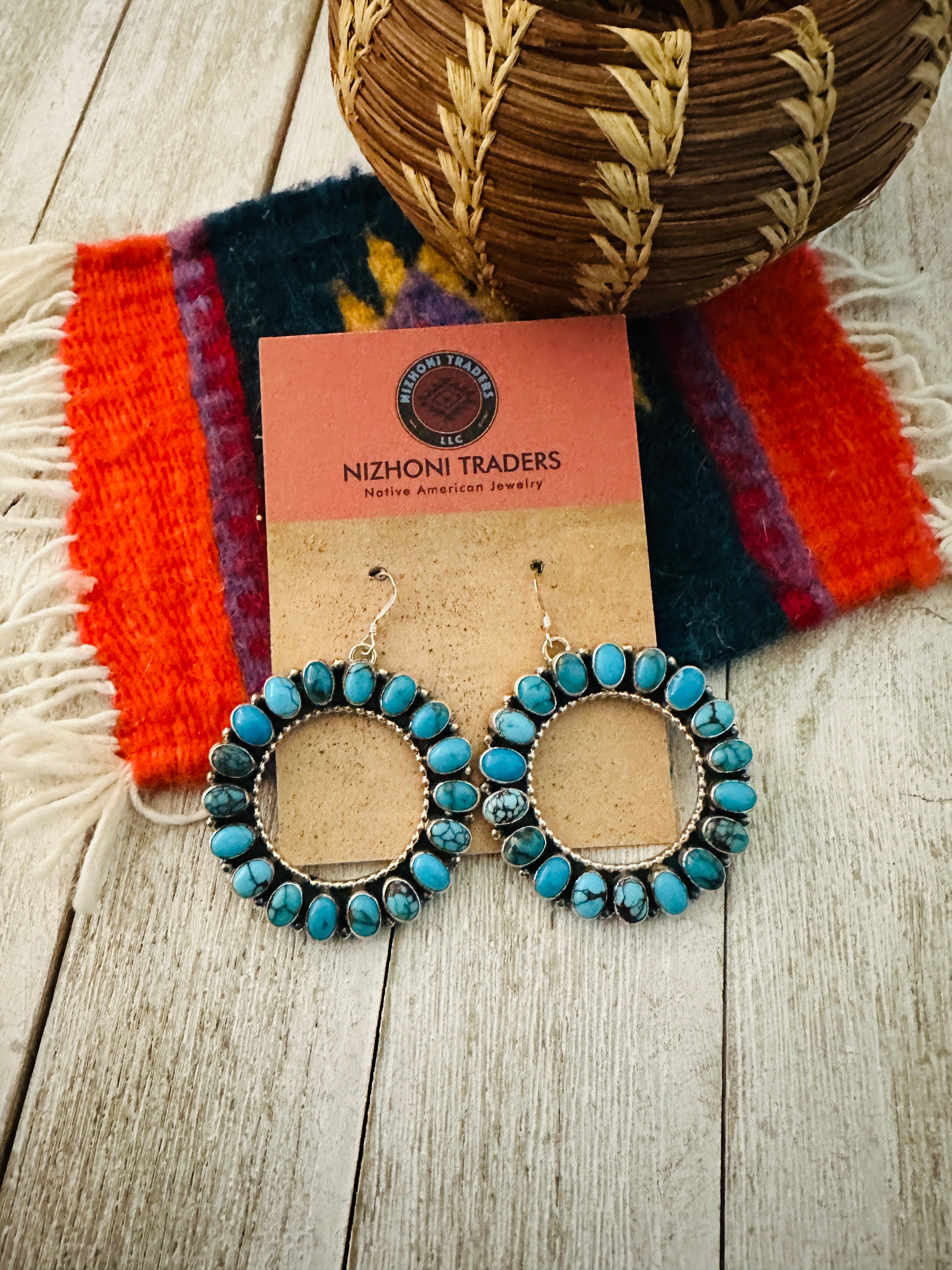 Navajo Sterling Silver & Turquoise Cluster Dangle Hoop Earrings