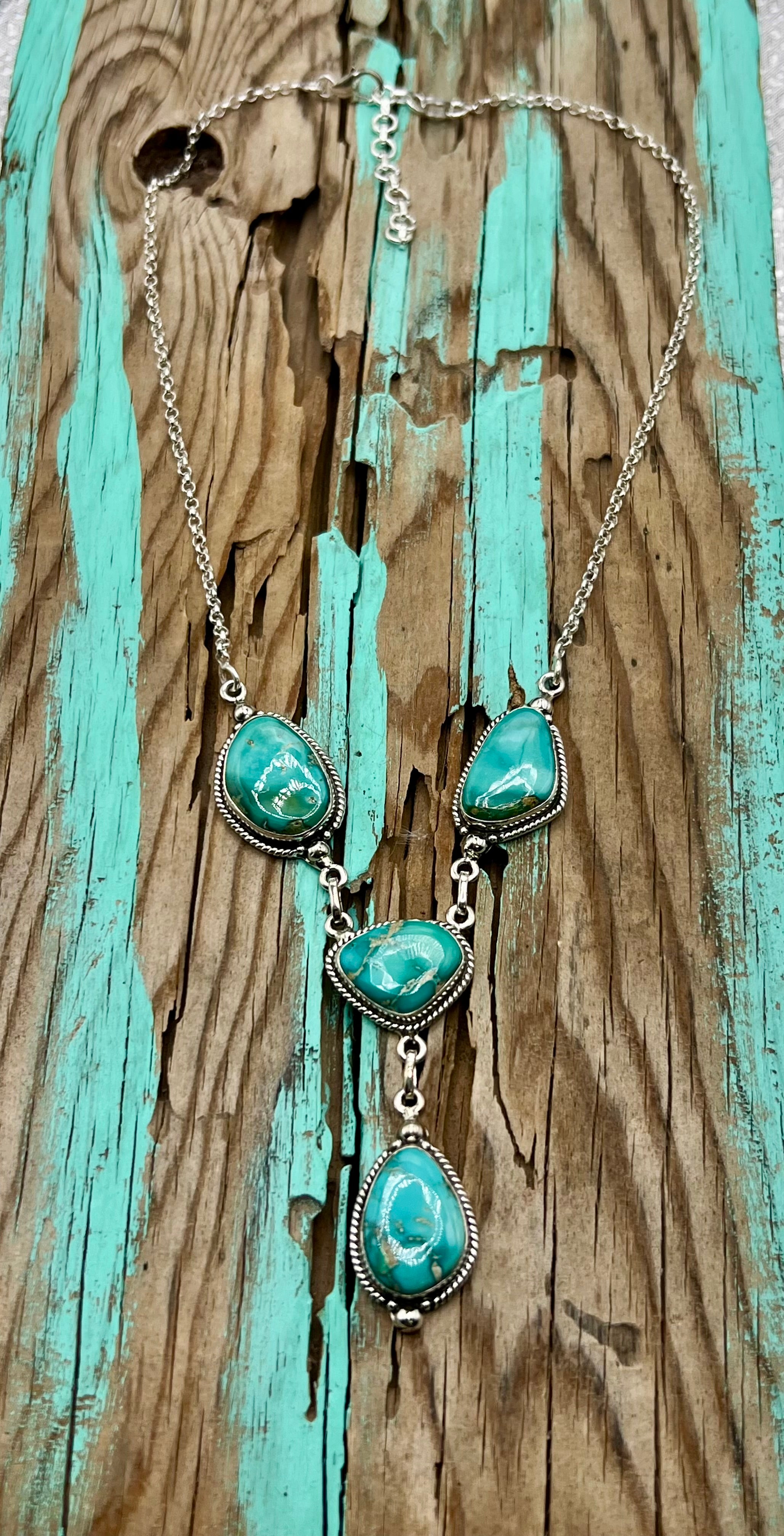 Handmade South Hill Sonoran Turquoise 4 Stone Sterling Silver Necklace