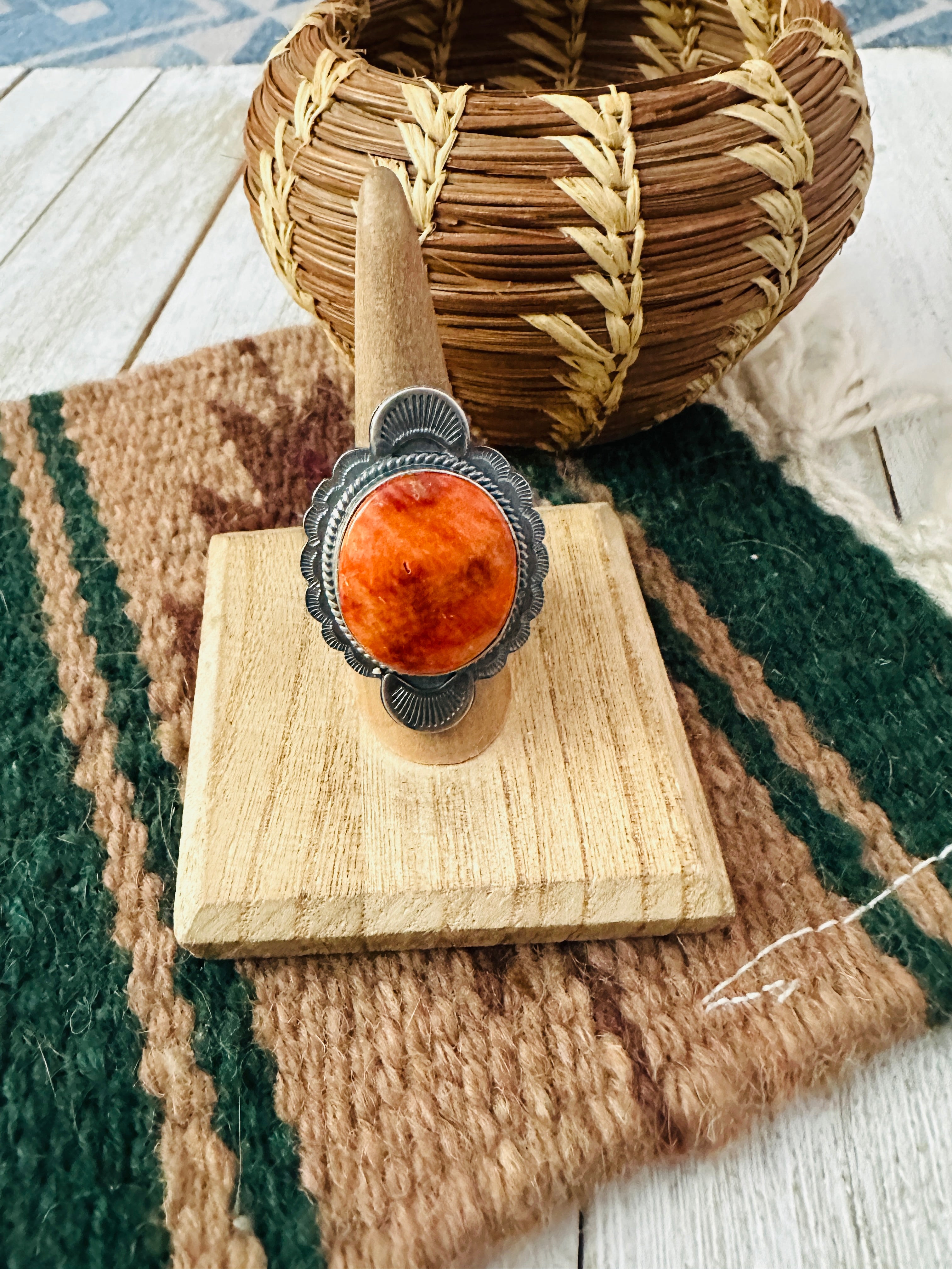 Navajo Orange Spiny & Sterling Silver Ring Size 8