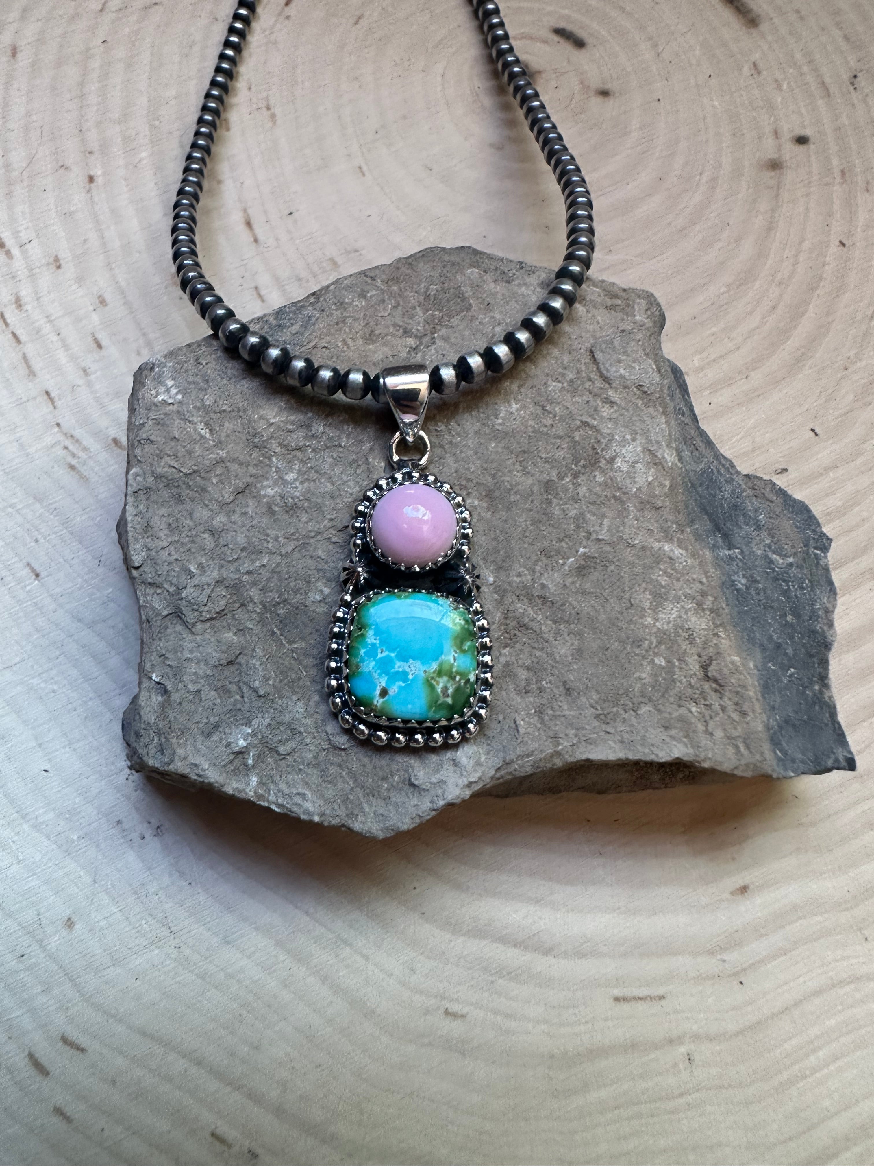 Handmade Pink Conch, Sonoran Turquoise & Sterling Silver 2 Stone Pendant Signed Nizhoni