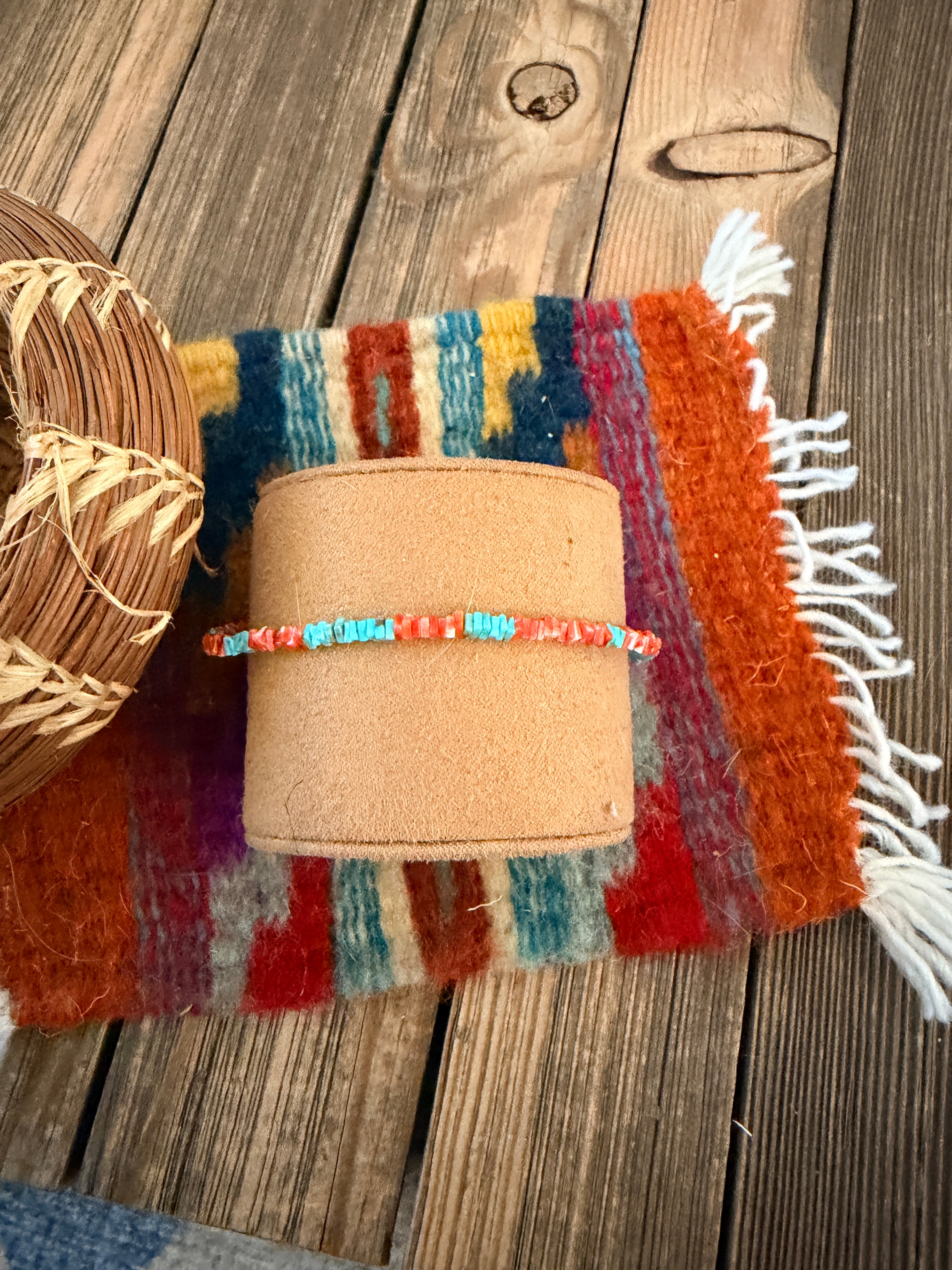 Handcrafted Turquoise, Spiny Oyster & Sterling Silver Beaded Bracelet
