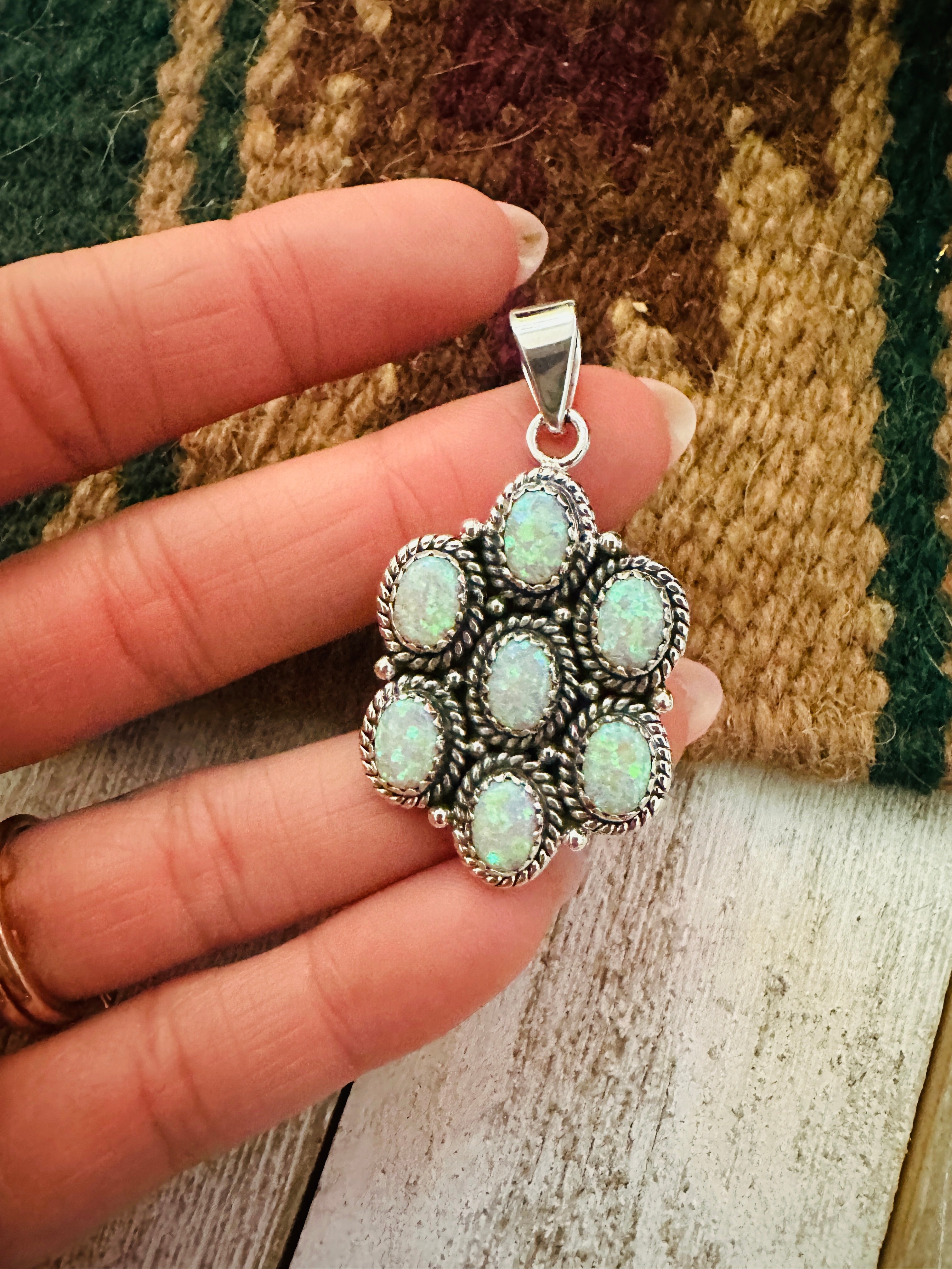 Handmade White Fire Opal & Sterling Silver Cluster Pendant