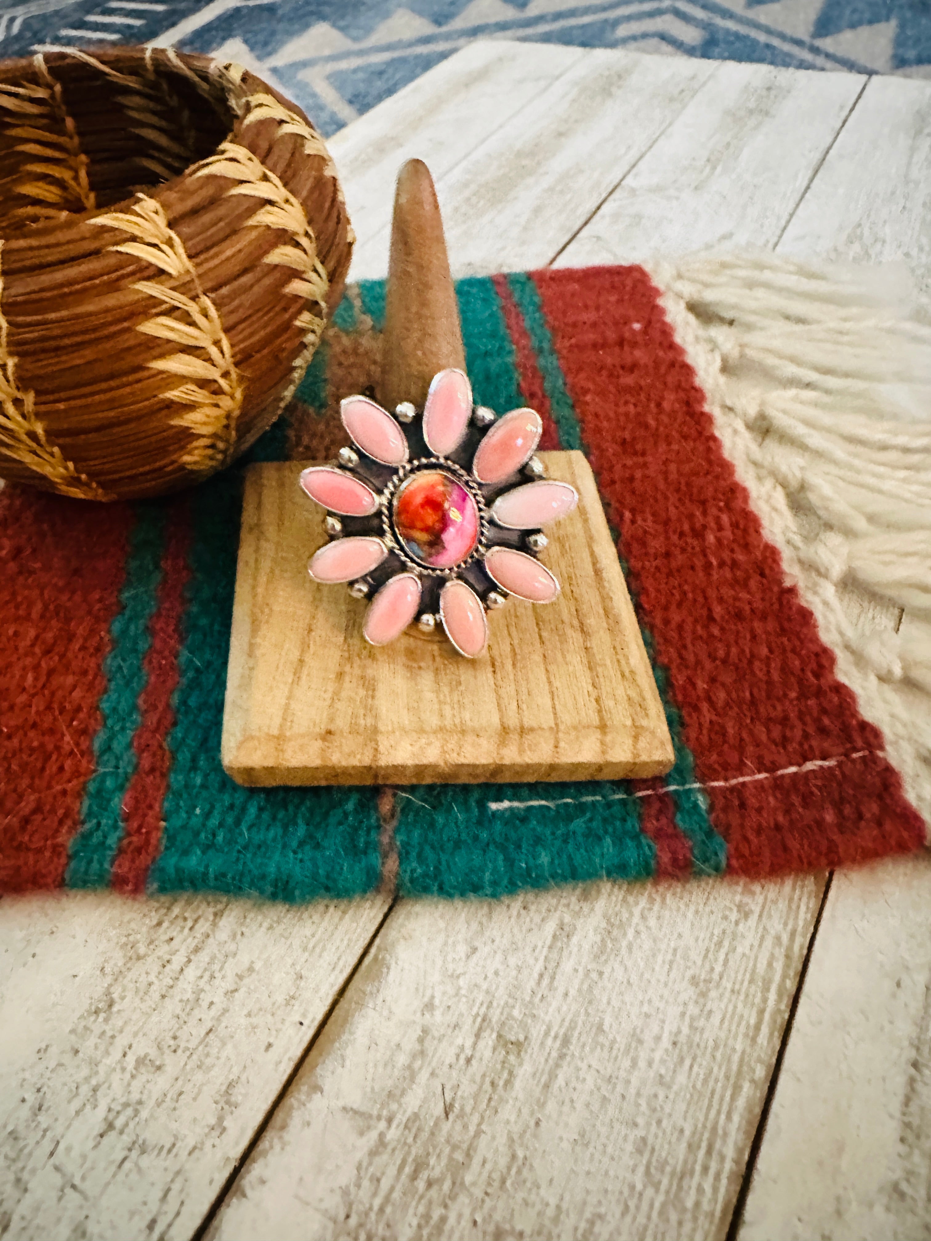 Navajo Sterling Silver, Queen Pink Conch & Pink Dream Cluster Adjustable Ring