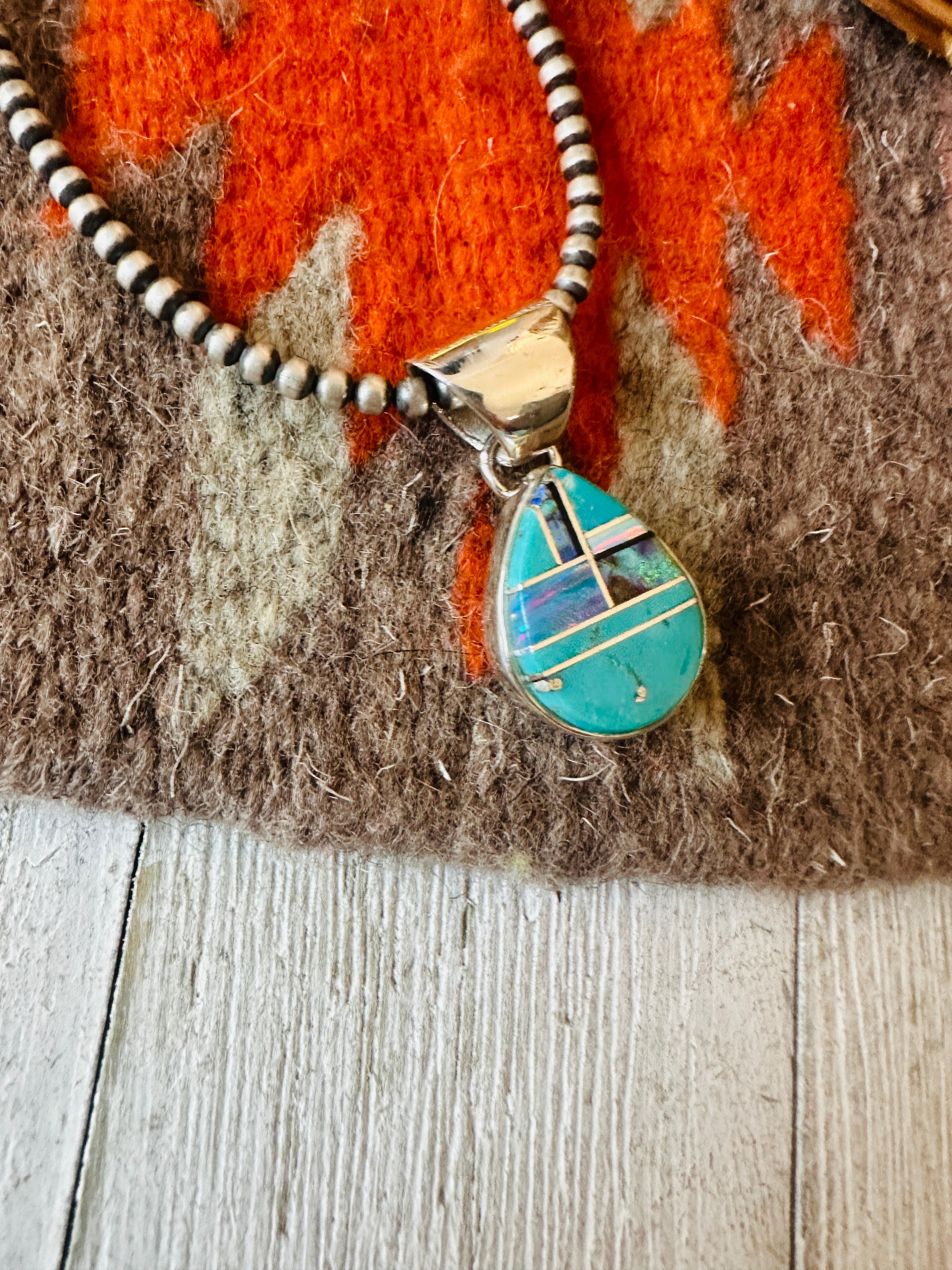 Navajo Multi Stone & Sterling Silver Inlay Teardrop Pendant