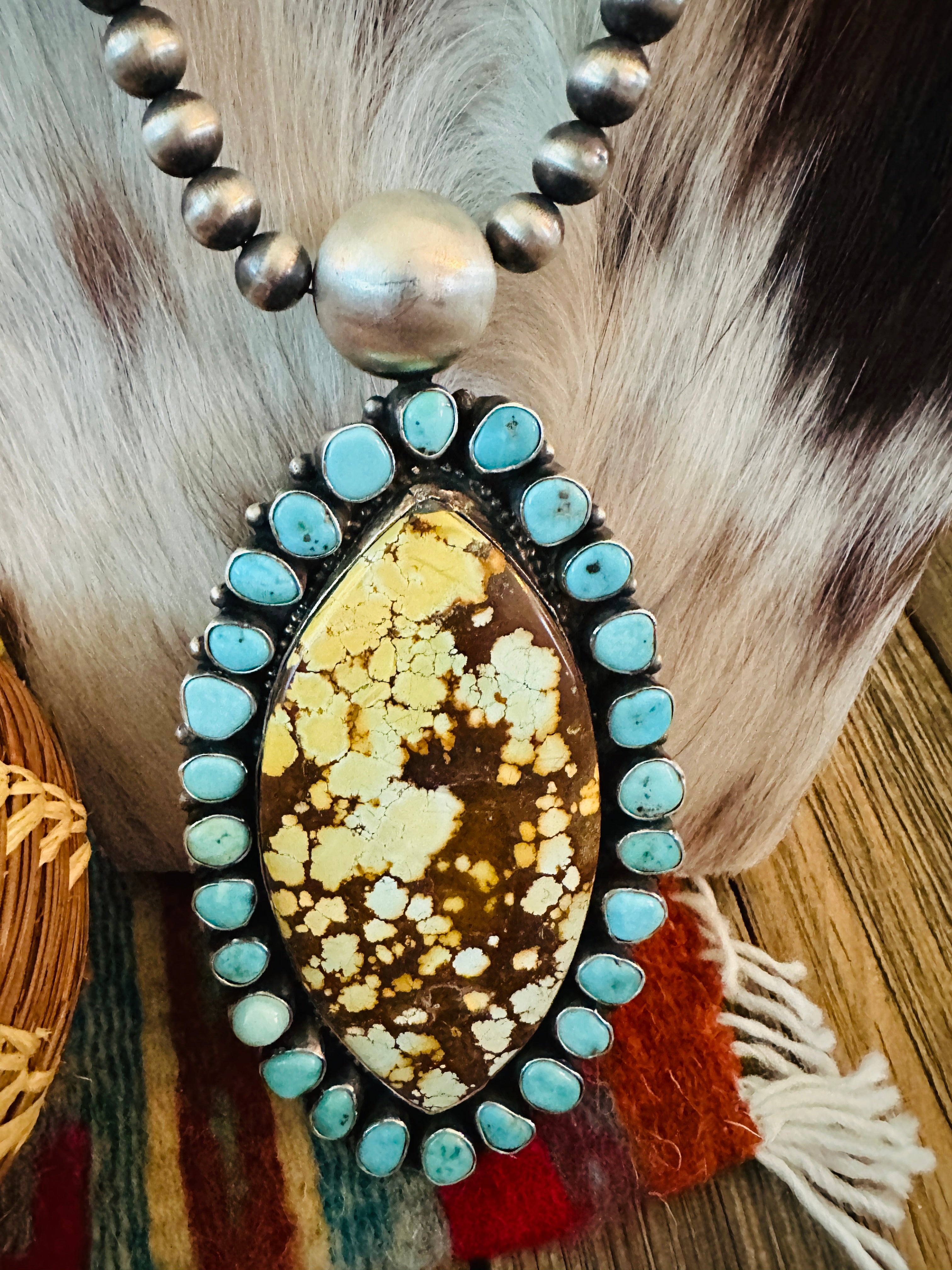 Handcrafted Turquoise & Sterling Silver Cluster Beaded Necklace by Sheila Becenti