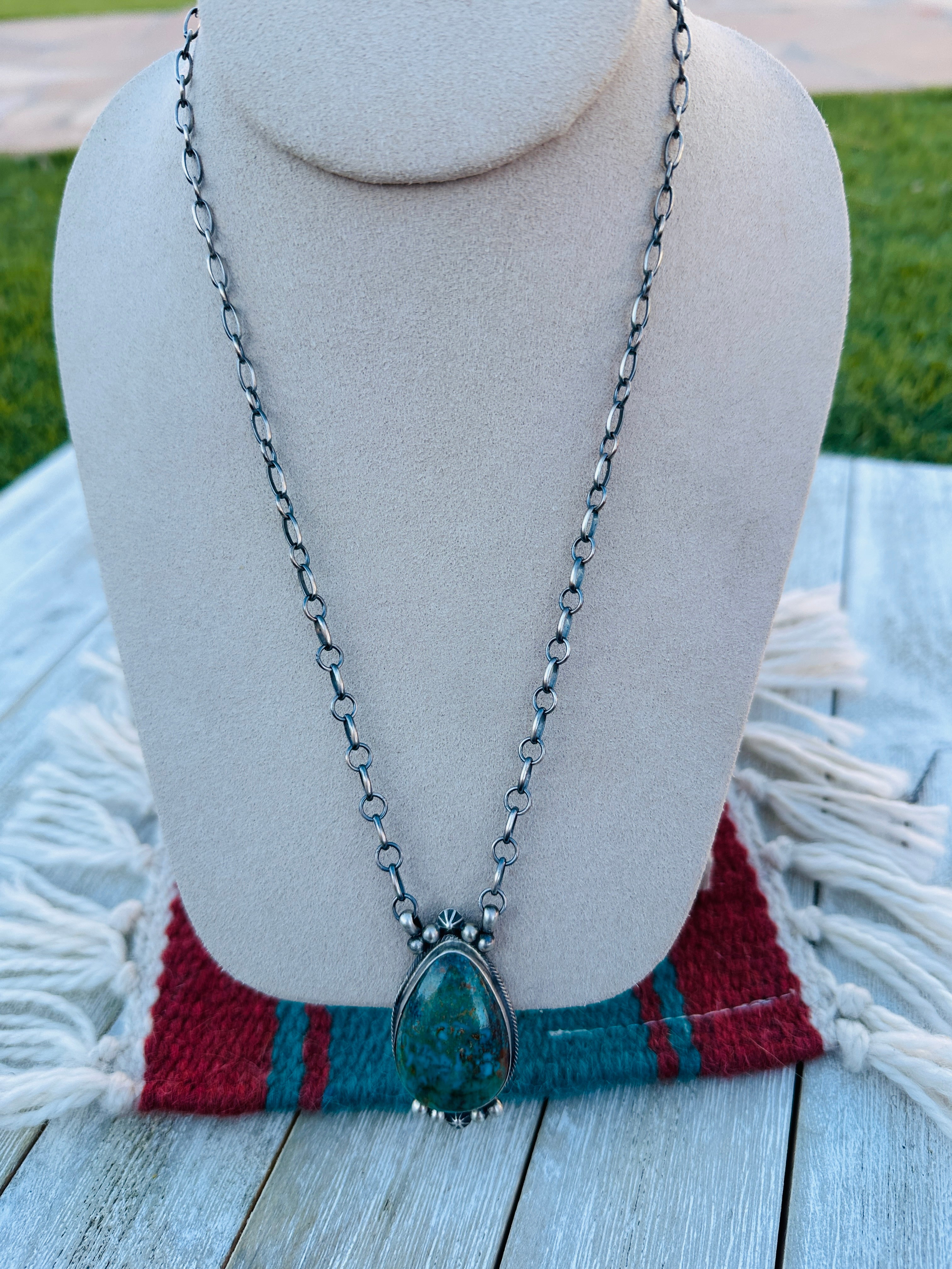 Handcrafted Sterling Silver 18” Link Chain & Turquoise Necklace
