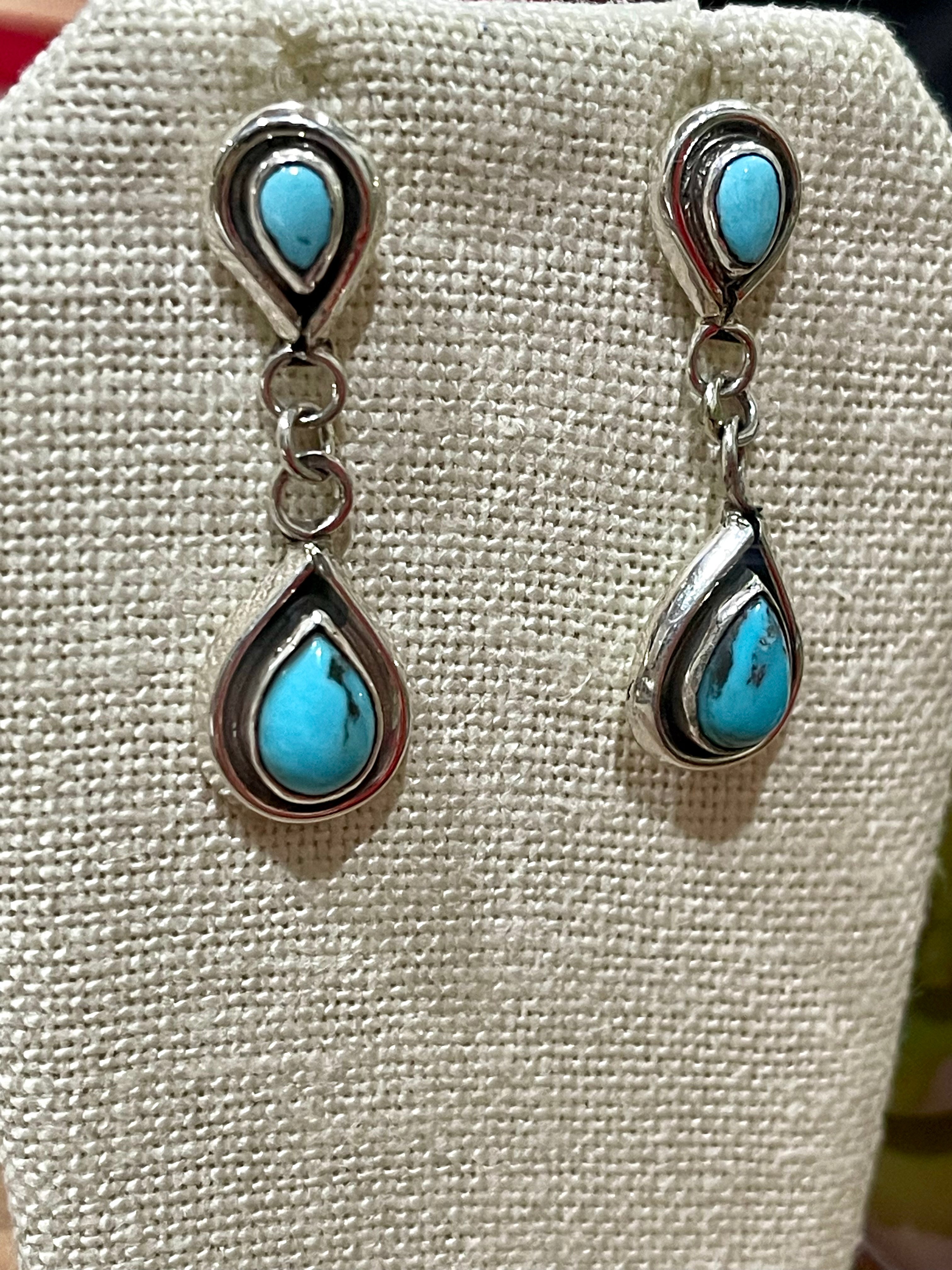 Navajo Turquoise And Sterling Silver Post Dangle Earrings