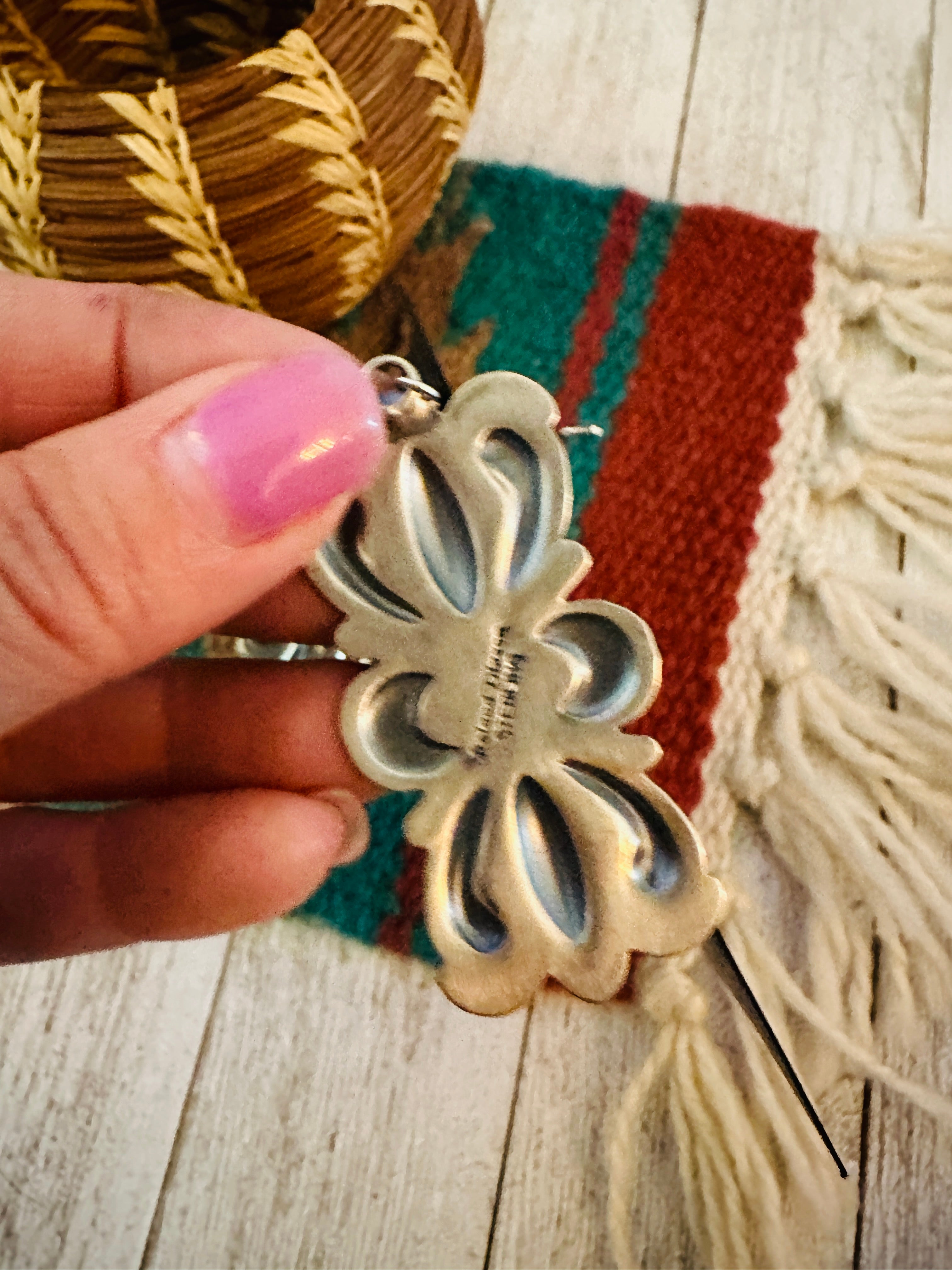 Navajo Hand Stamped Sterling Silver & Turquoise Concho Dangle Earrings