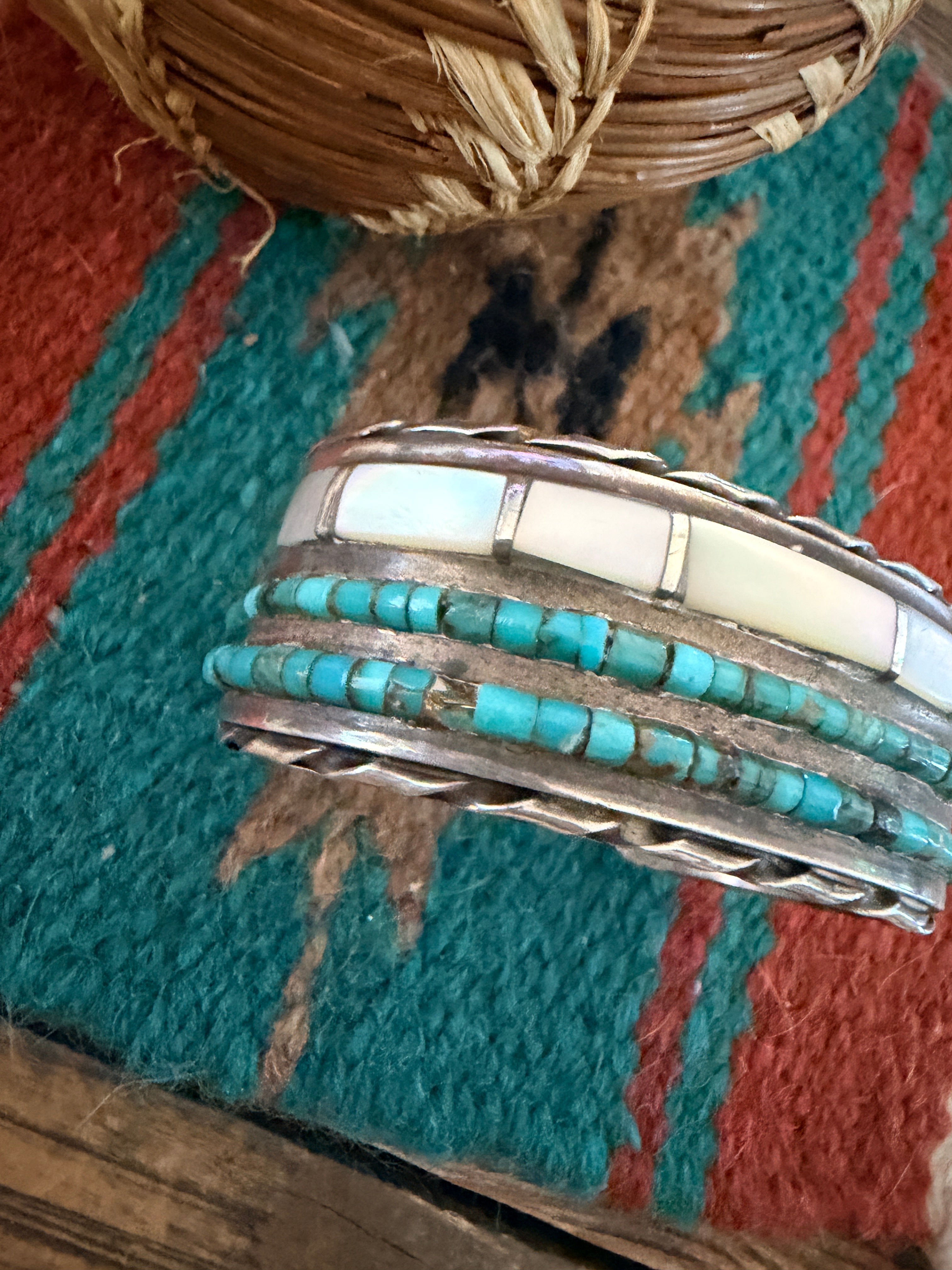 Handcrafted Old Pawn Sterling Silver, Turquoise & Mother of Pearl Inlay Cuff Bracelet