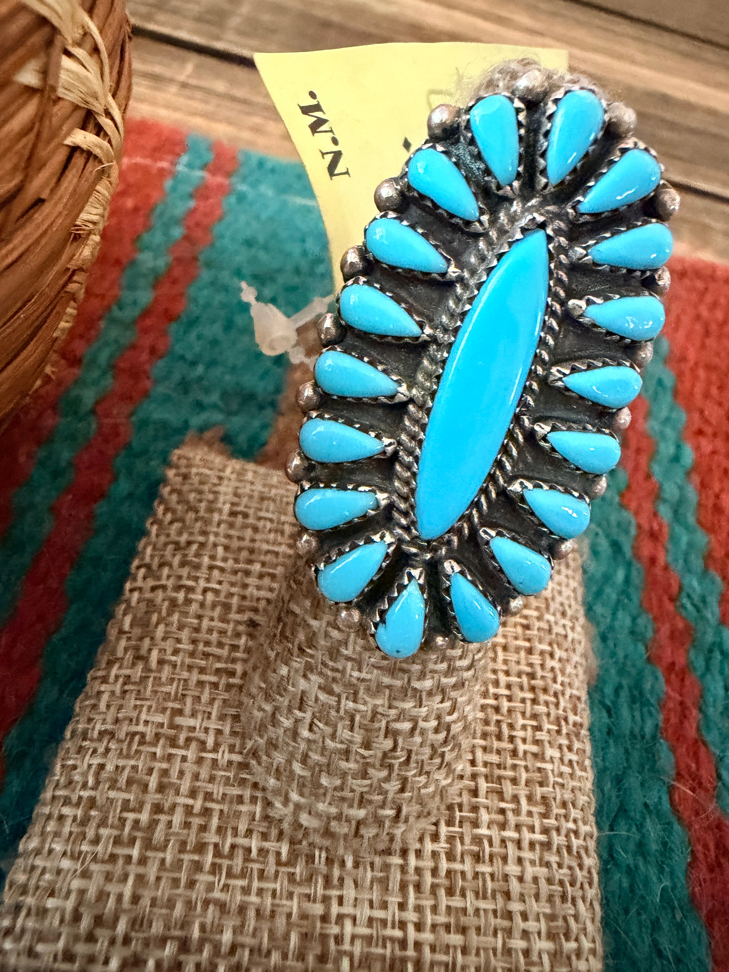 Old Pawn Handcrafted Turquoise & Sterling Silver Cluster Ring Size 7